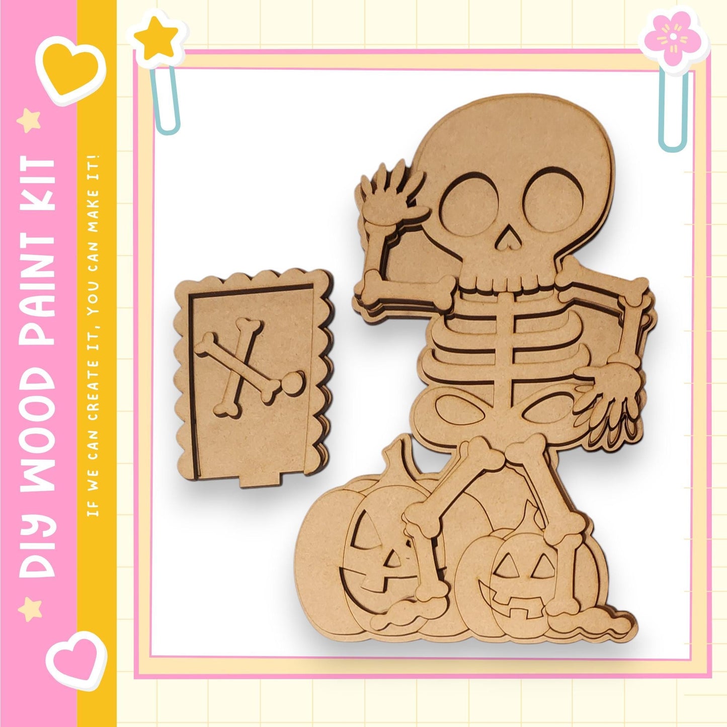 a skeleton figure holding a pumpkin, which appears to be part of a Halloween-themed kit.