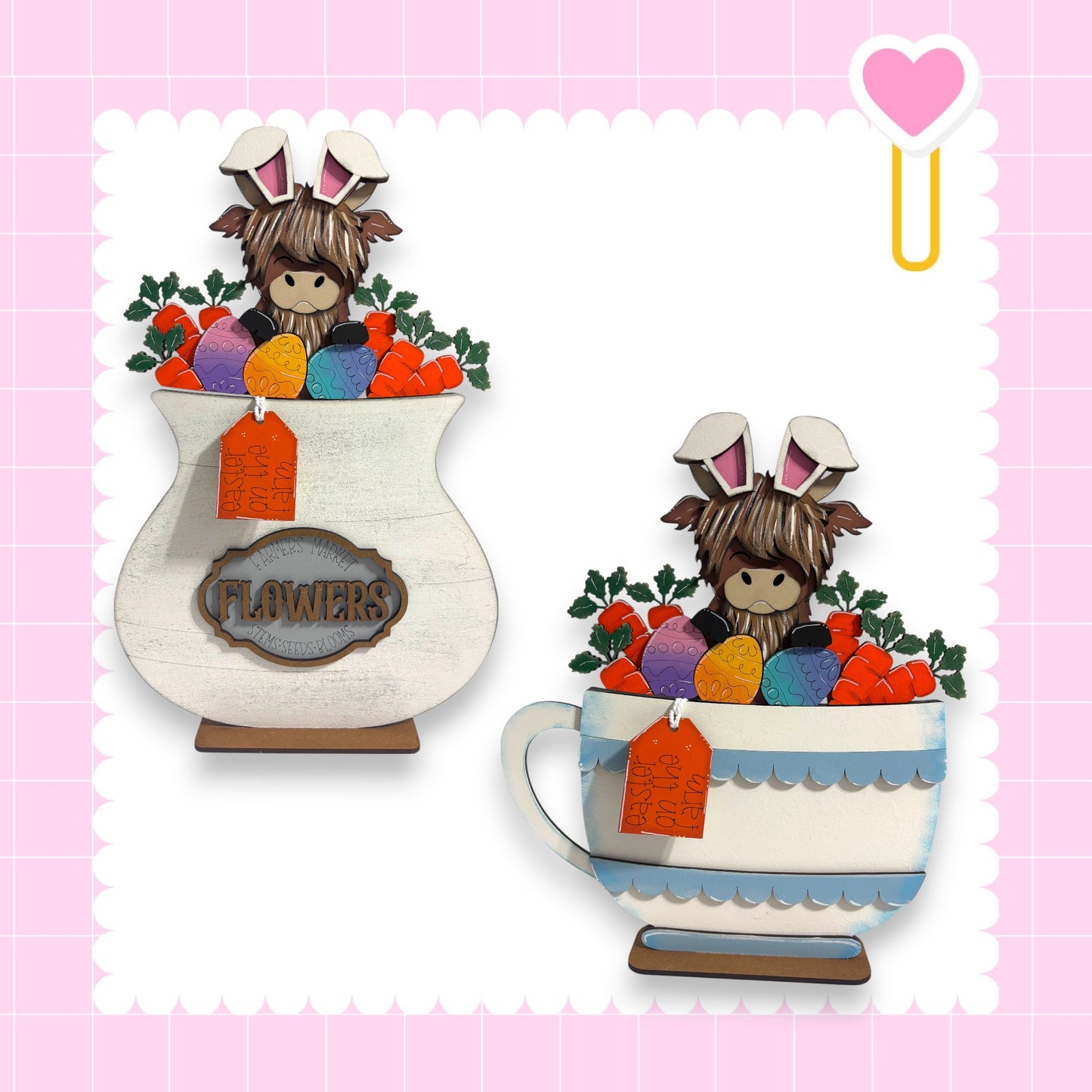 two ceramic vases, each containing a small stuffed animal, specifically a bunny, and various colorful Easter eggs. The vases are decorated with the word "FLOWERS" written on them.