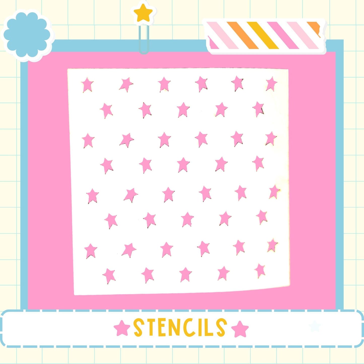 The image is a collage of various images, including a pink background with a pattern of pink stars and a blue border. The word "STENCILS" is written in the bottom right corner of the image.
