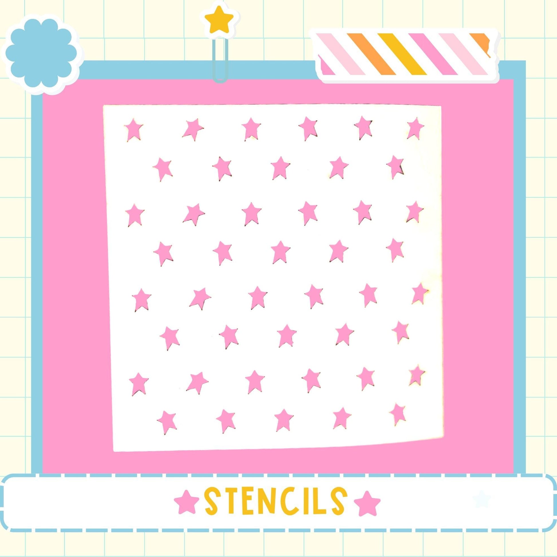 The image is a collage of various images, including a pink background with a pattern of pink stars and a blue border. The word "STENCILS" is written in the bottom right corner of the image.
