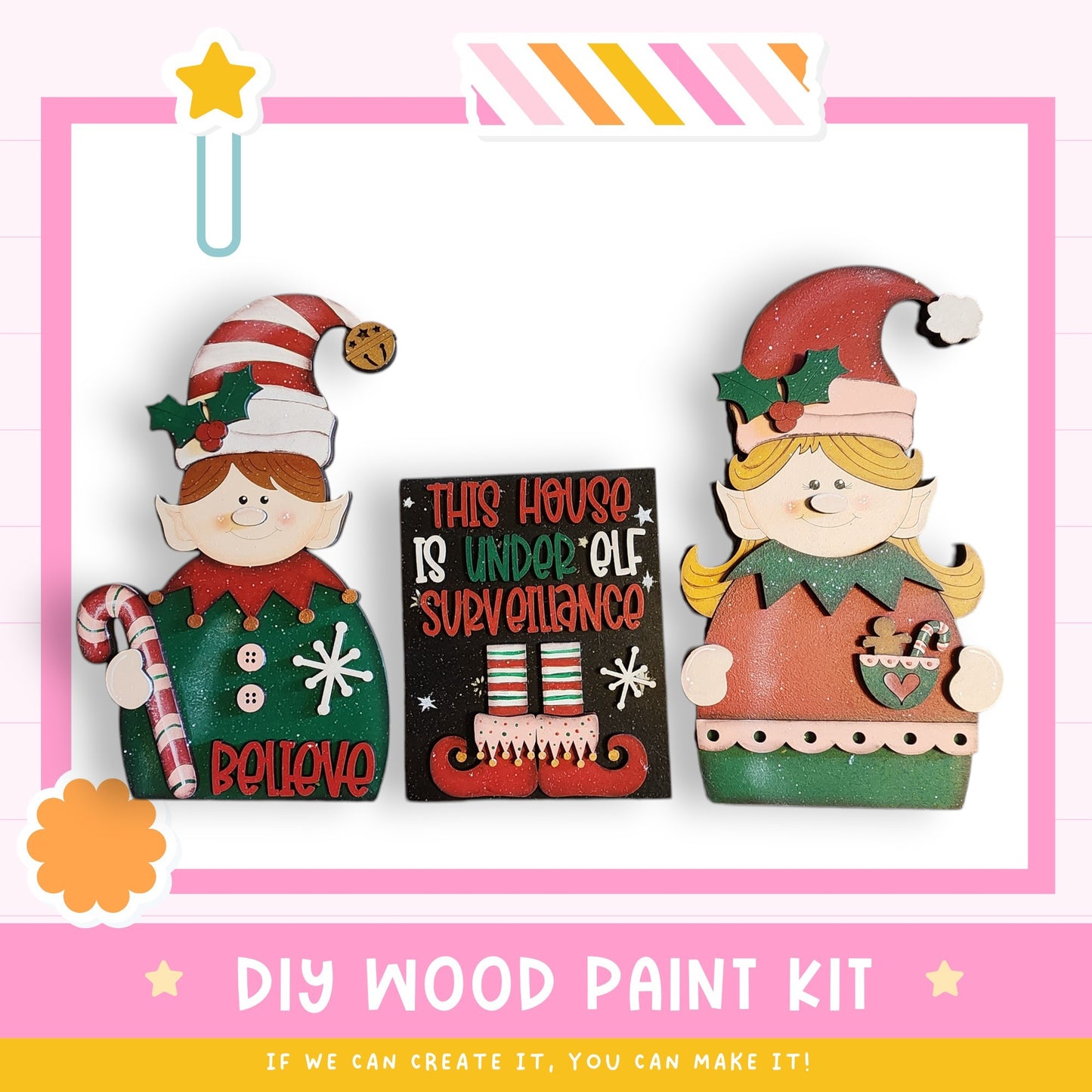 a DIY wood paint kit for creating wooden Christmas ornaments, including two elf-shaped figures and a sign with a message.