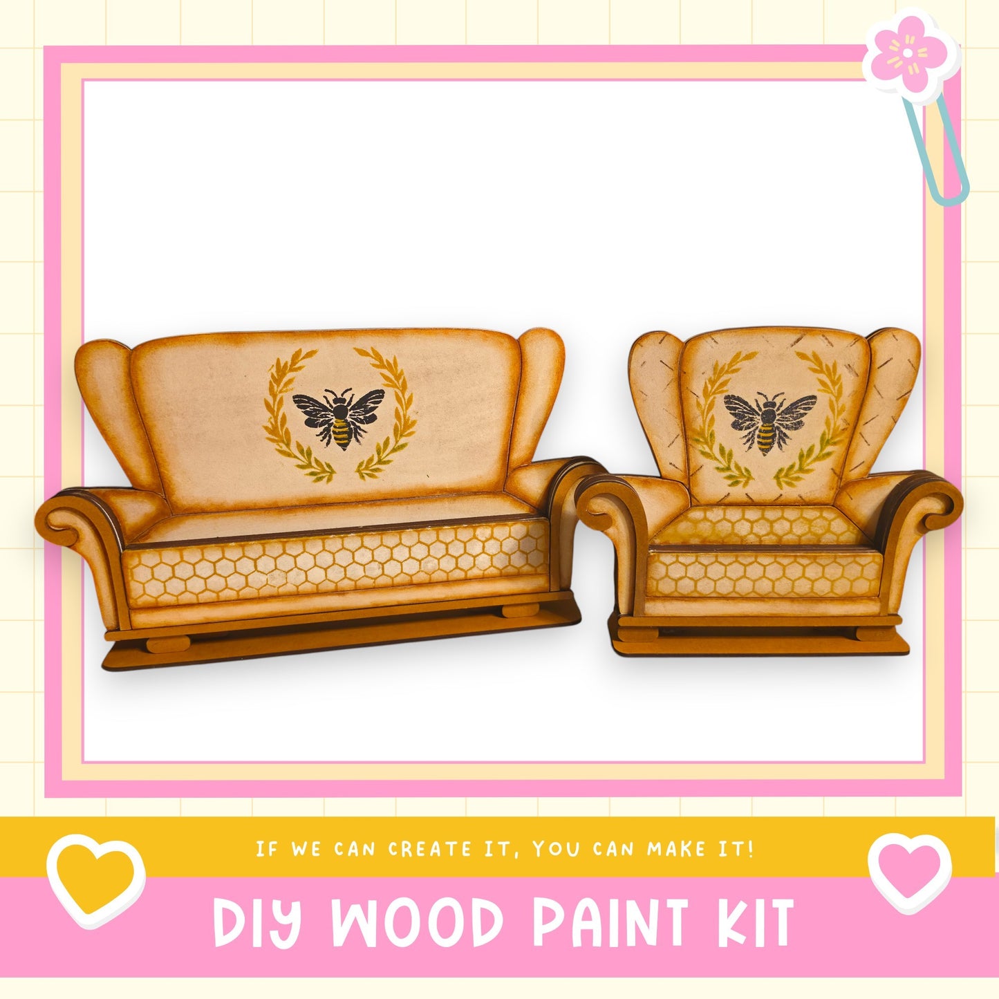 two wooden armchairs with bee designs on them, set against a pink and white background.