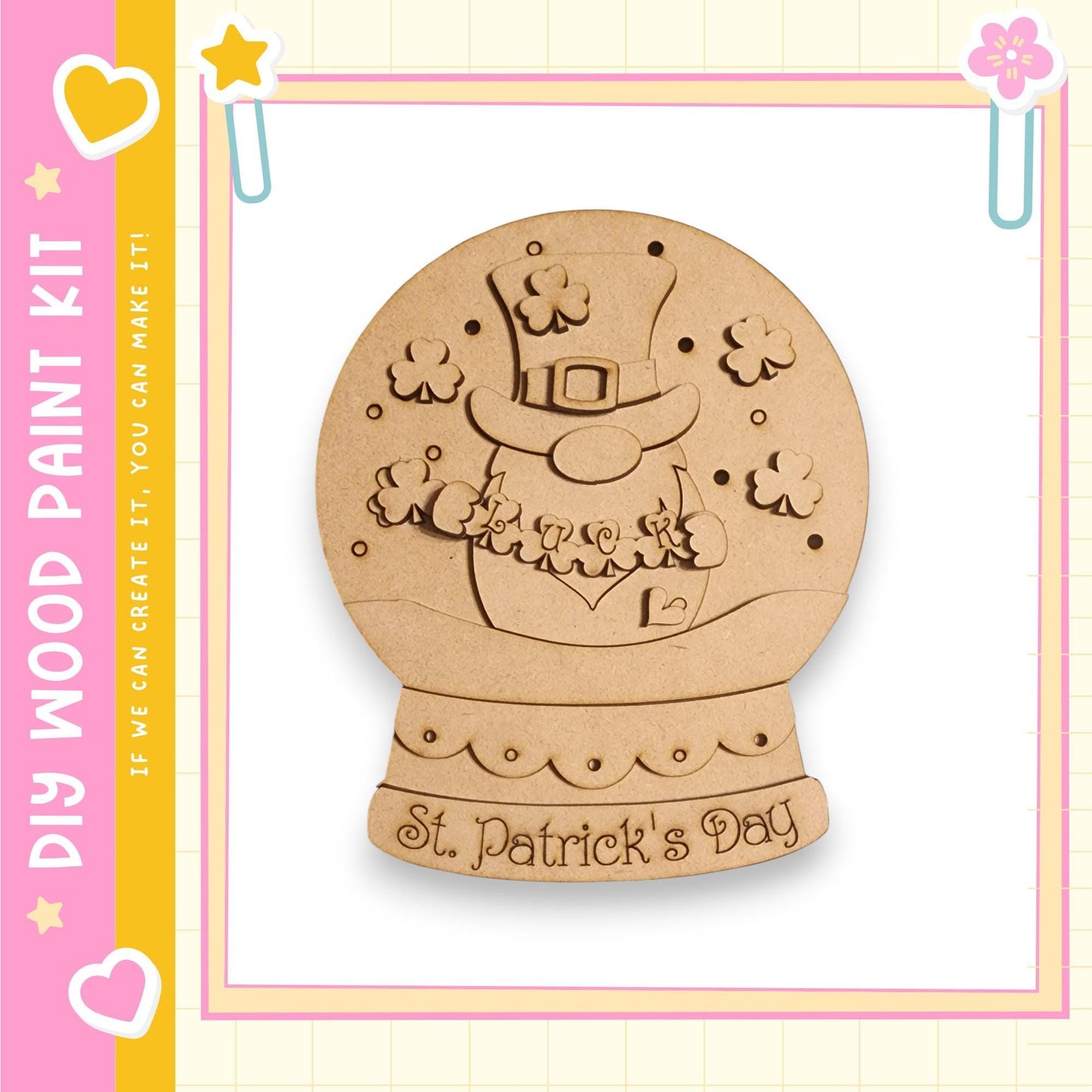 A wooden snow globe with a St. Patrick's Day design, featuring a leprechaun figure and clover decorations.