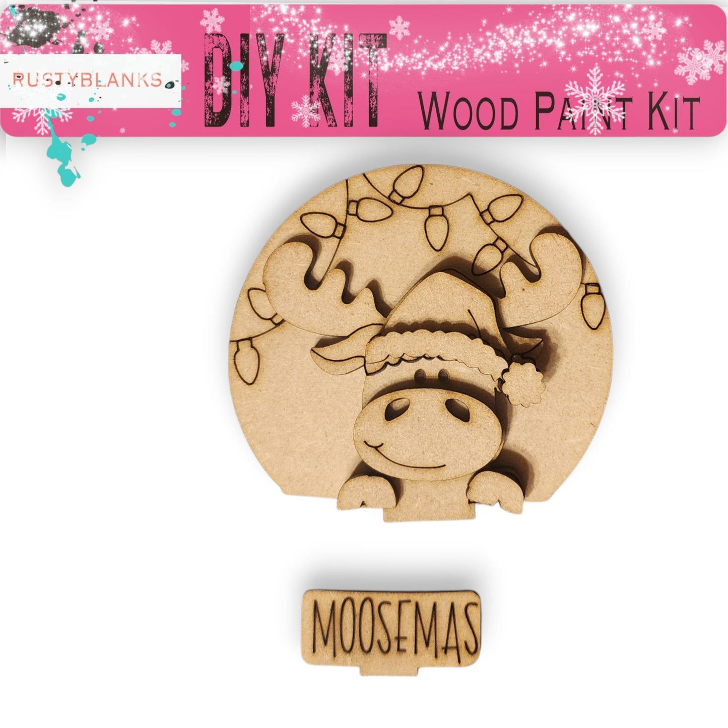 a DIY kit for a wood paint kit, specifically a moosemas kit, which includes a moosemas wooden ornament and a moosemas wooden block.