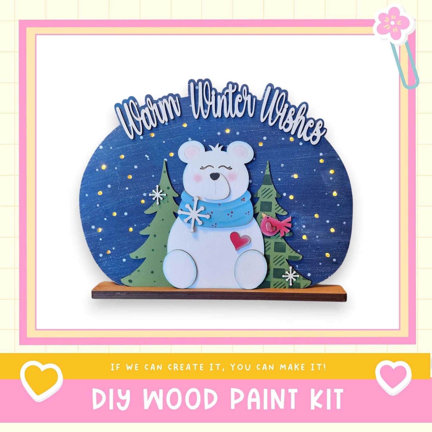 A wooden bear figure with a scarf and snowflakes, set against a starry night sky background, with the text "Warm Winter Wishes" above it.