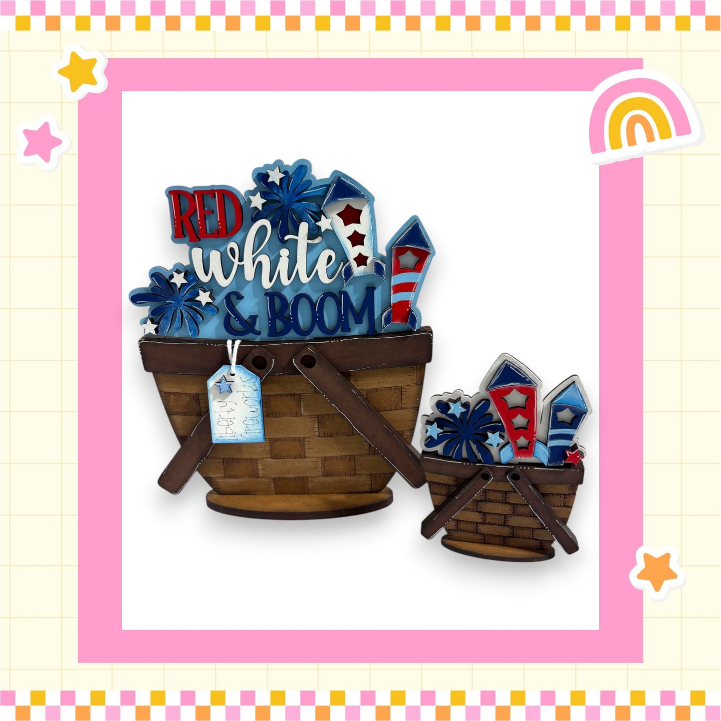 two wooden baskets filled with fireworks, with the text "RED white & BOOM" written on them.