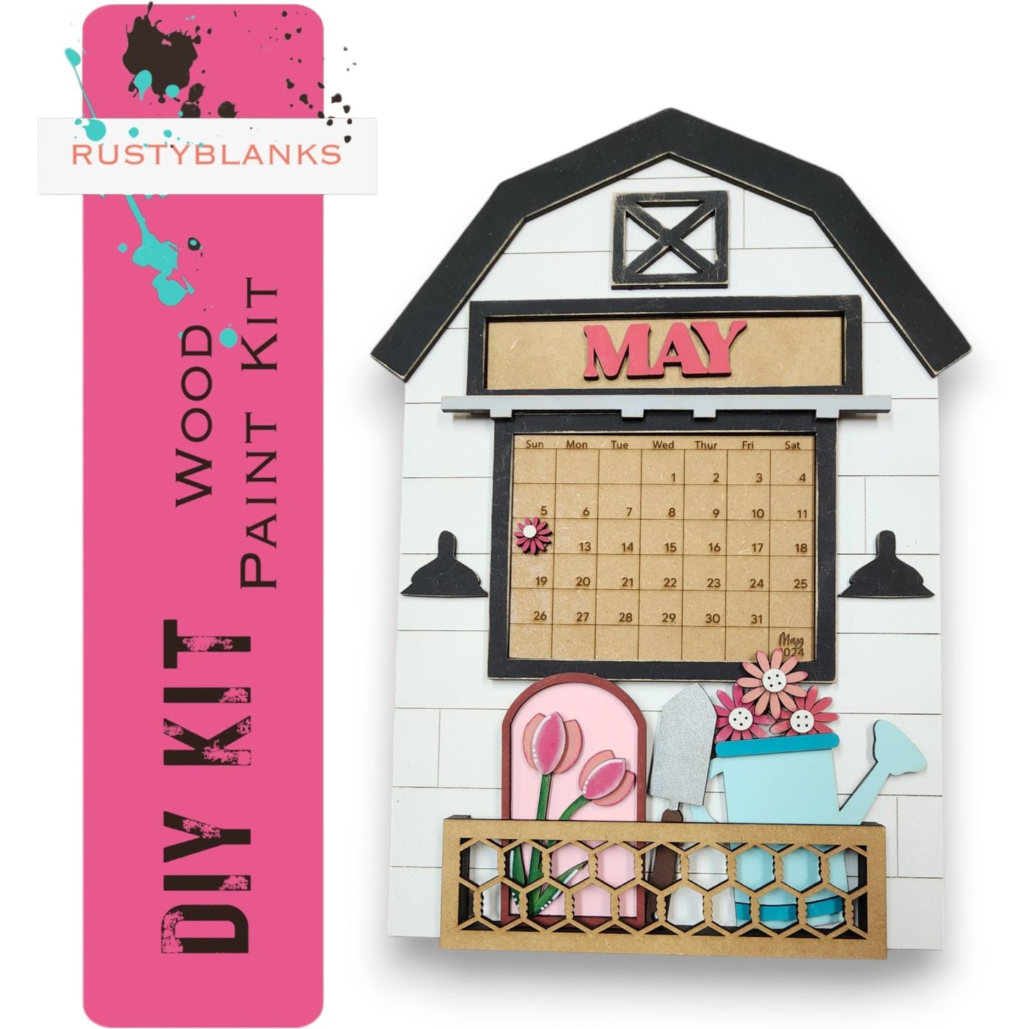 a wooden paint kit and a calendar, both with a white and pink color scheme. The kit appears to be a DIY kit, while the calendar is a wall calendar.