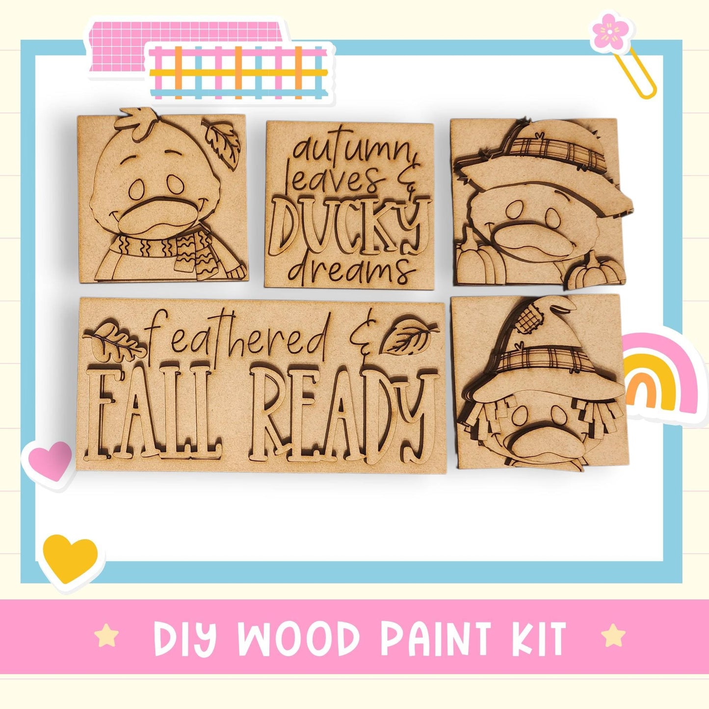 The image is a DIY wood paint kit featuring a collection of wooden cutouts with autumn leaves and a duck, along with the text "feathers & FALL READY".