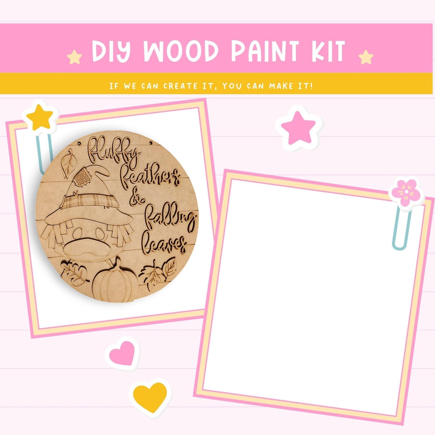 The image is a DIY wood paint kit with a wooden sign featuring a pumpkin and leaves, along with a blank white frame.