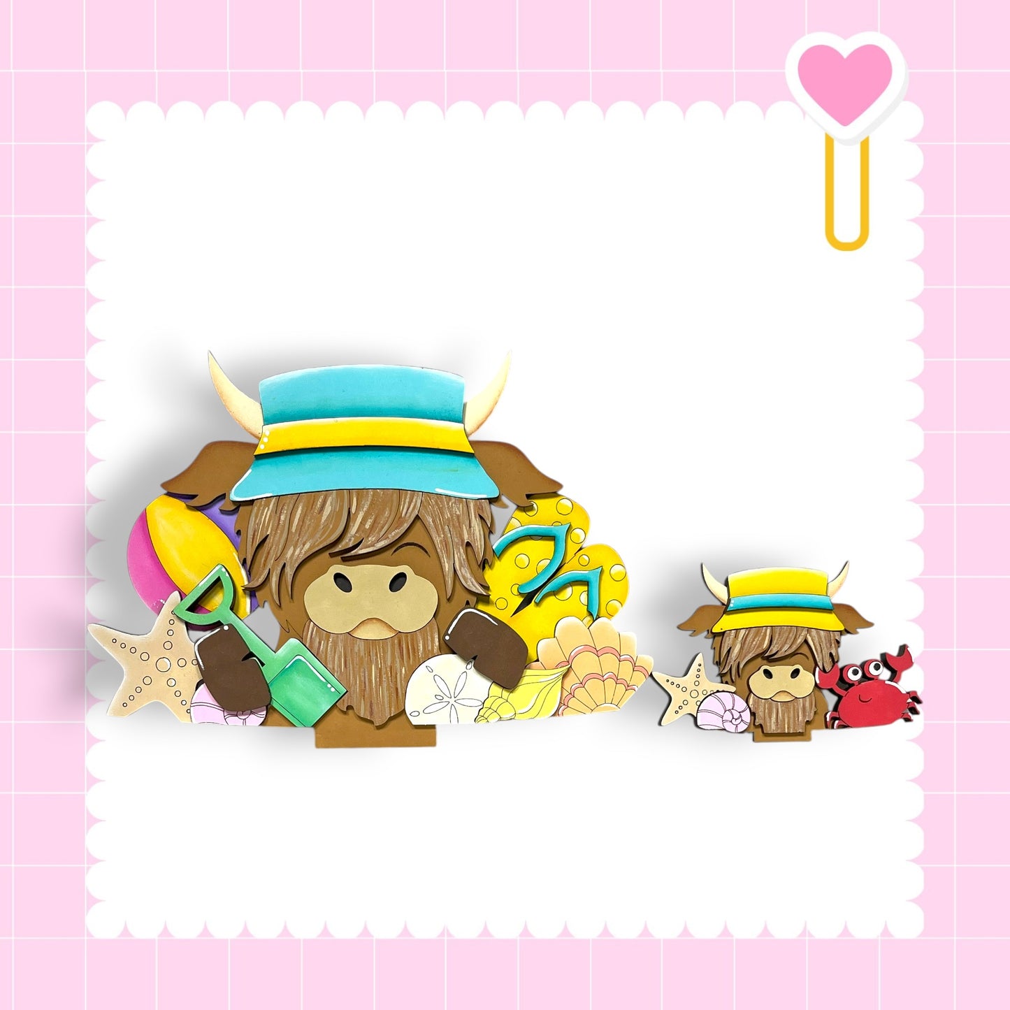 A cartoon cow wearing a hat and holding a beach ball, surrounded by various beach-themed objects such as seashells and starfish, all set against a pink background with a scalloped edge.