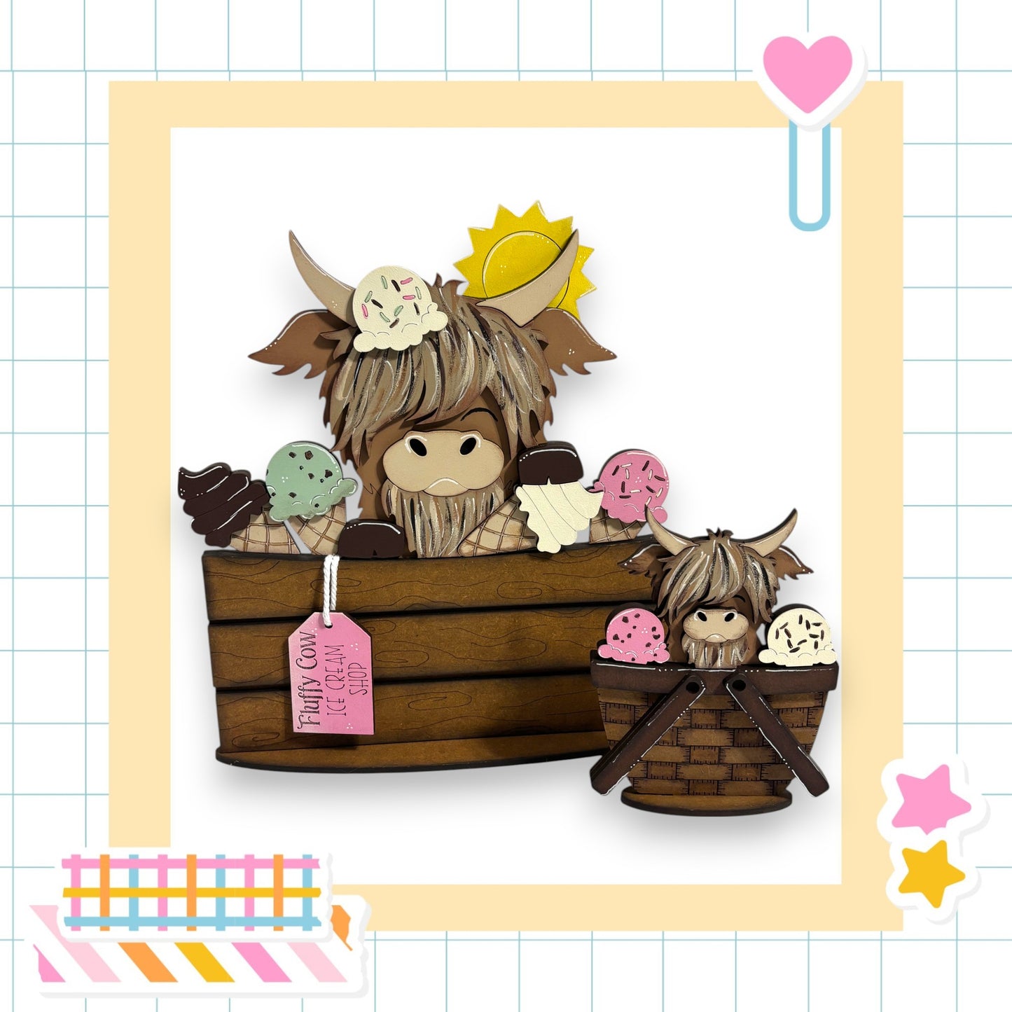 A wooden basket filled with various ice cream cones and a small wooden cow figurine, set against a yellow and white checkered background.