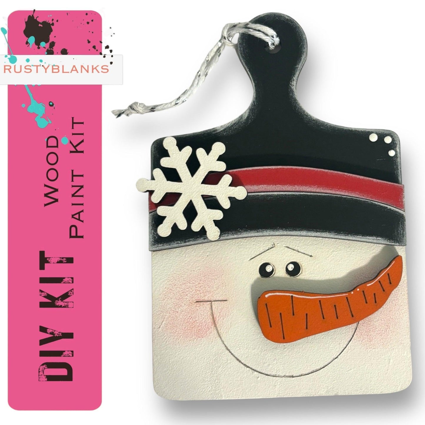 a wooden snowman ornament with a black hat and red nose