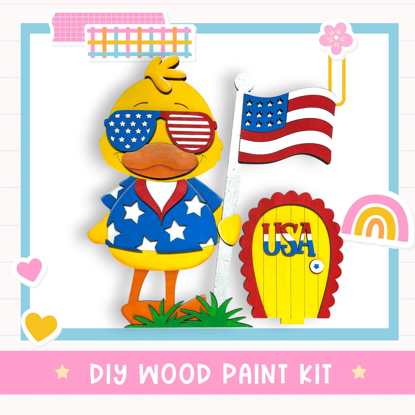 a wooden toy duck wearing sunglasses and holding an American flag, along with a wooden door labeled "USA". The image also includes a "DIY WOOD PAINT KIT" label.