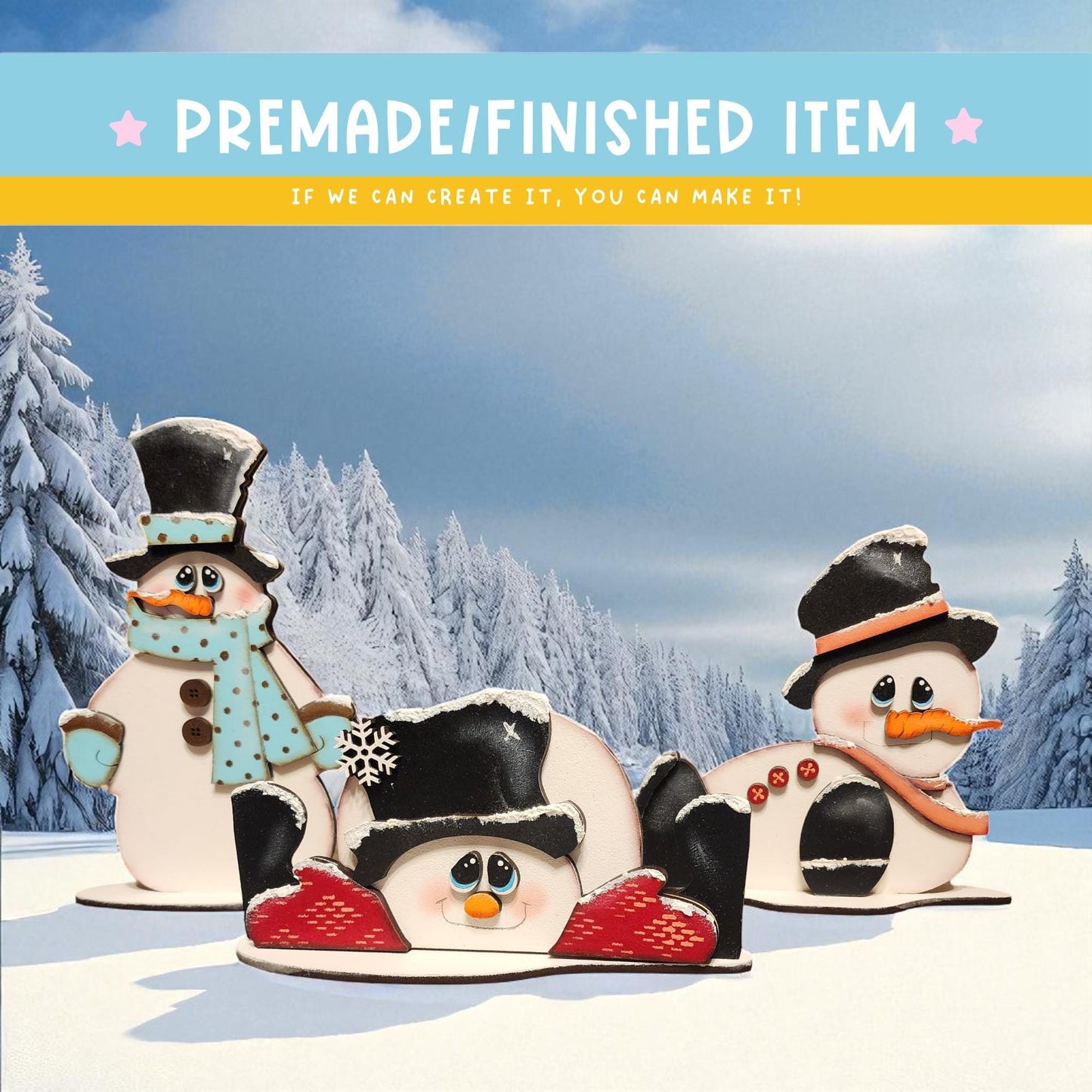 three snowman figurines against a snowy winter landscape with pine trees in the background.