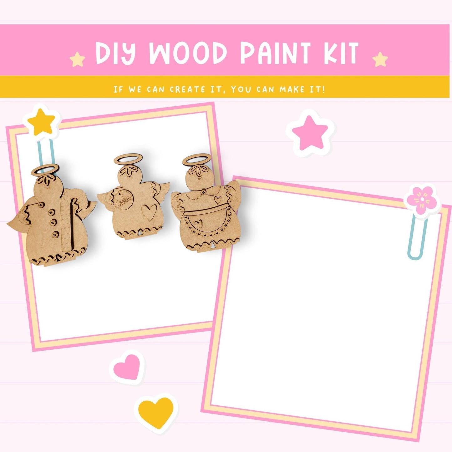 The image is a DIY wood paint kit advertisement featuring wooden angels and hearts, along with a blank space for creating custom designs.