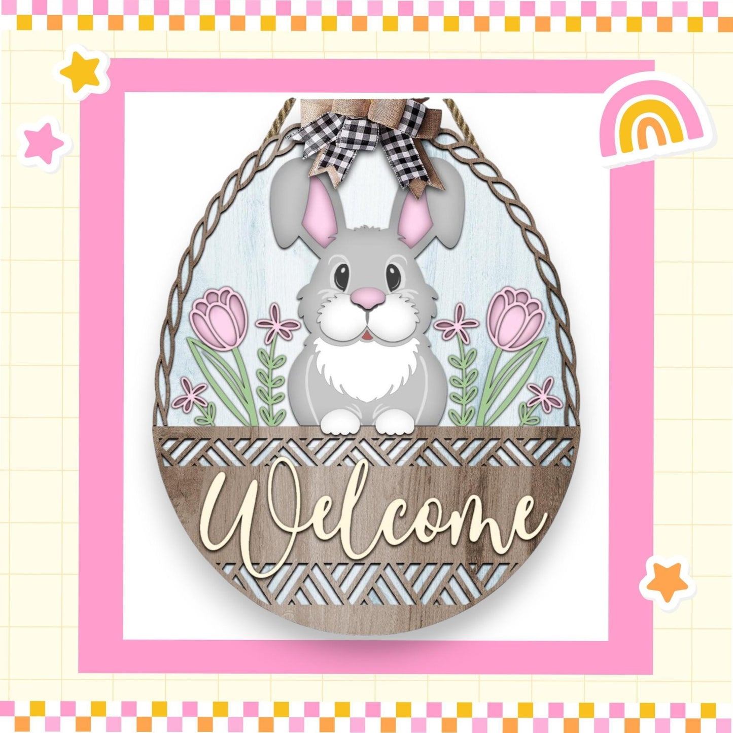 a welcome sign with a bunny in a basket