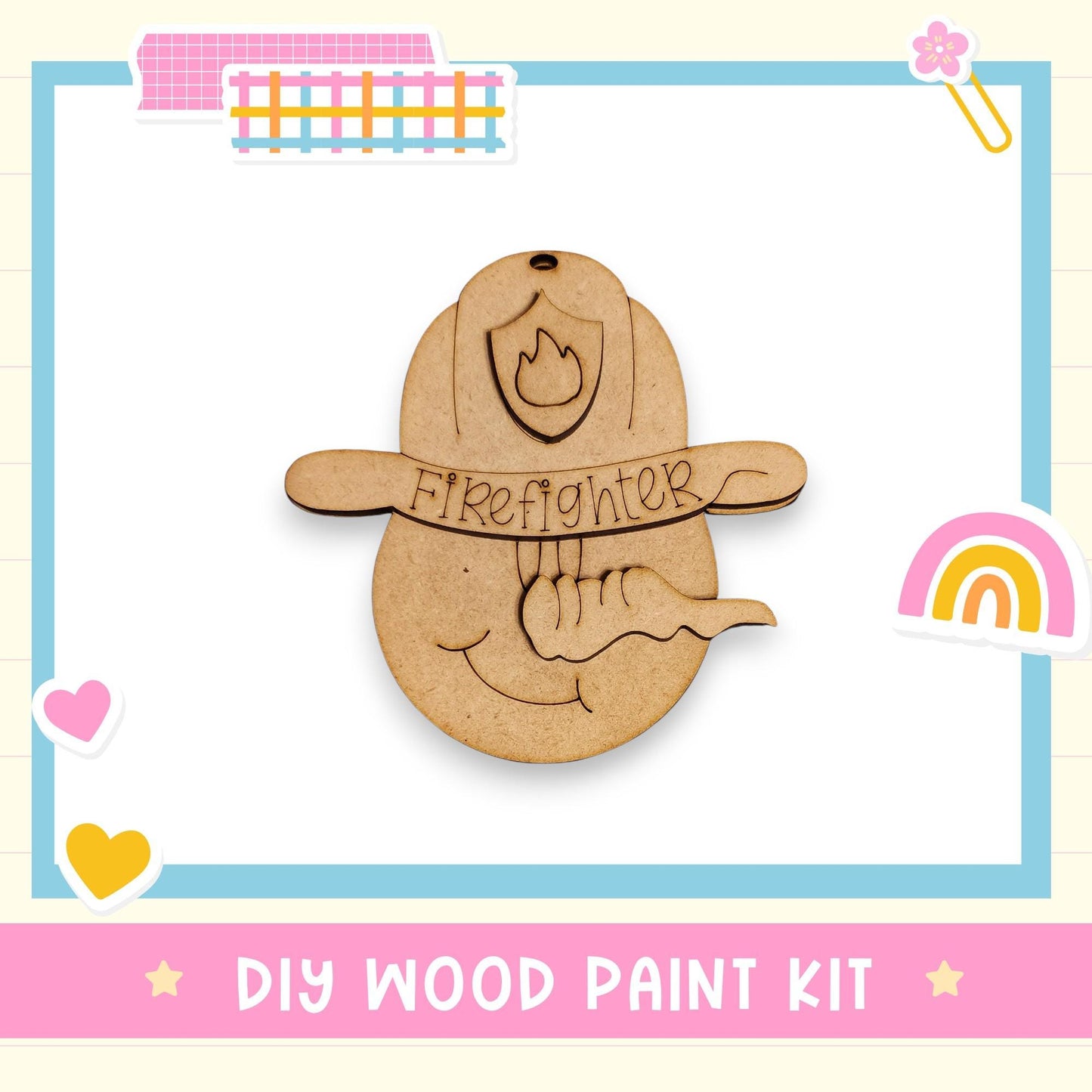 a DIY wood paint kit for creating a firefighter-themed decoration, including a wooden firefighter helmet and other related items.