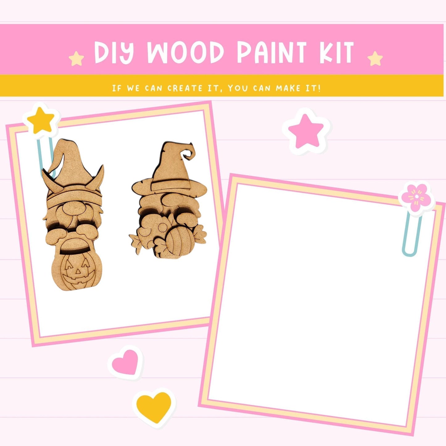 The image is a DIY wood paint kit advertisement featuring two wooden gnome-like figures and a blank space for creating custom designs.
