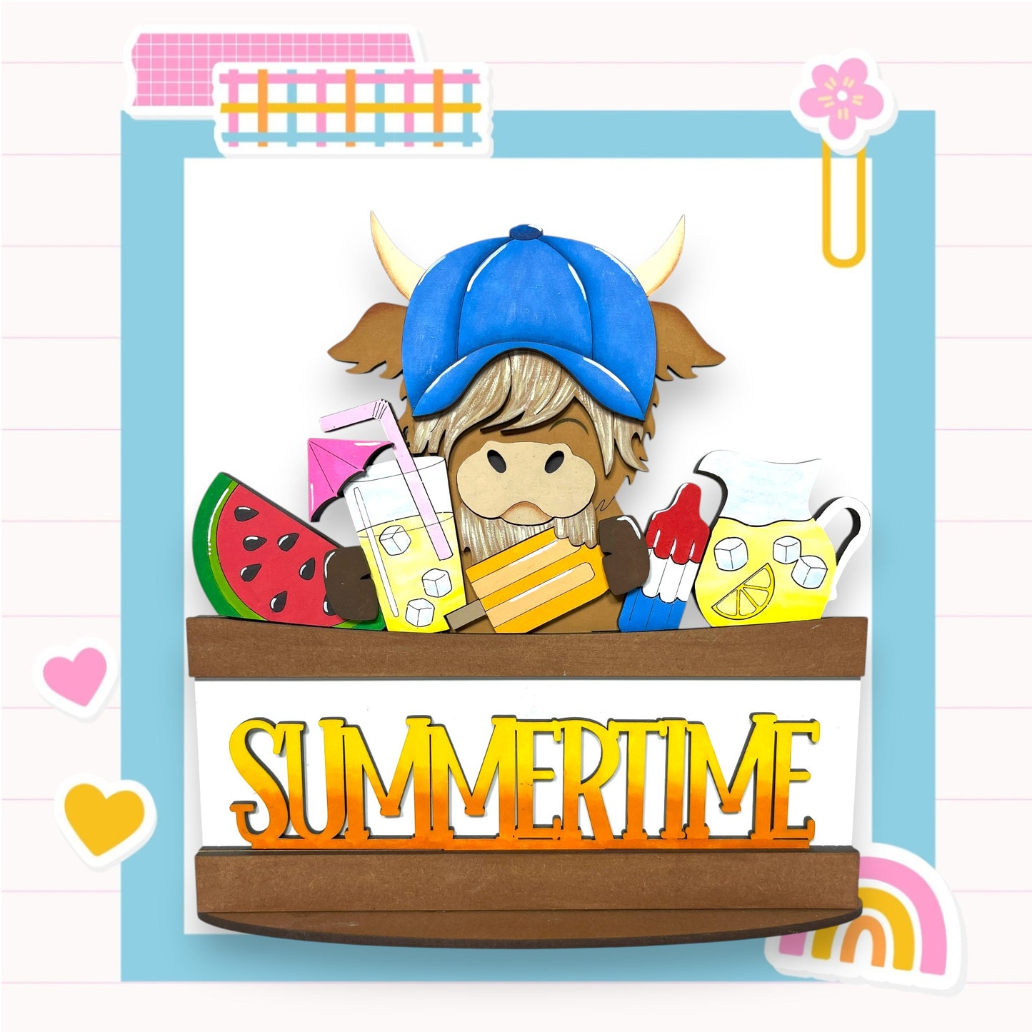 A cartoon cow wearing a blue hat and holding a slice of watermelon, surrounded by various summer-themed objects such as a lemon, a popsicle, and a rainbow.
