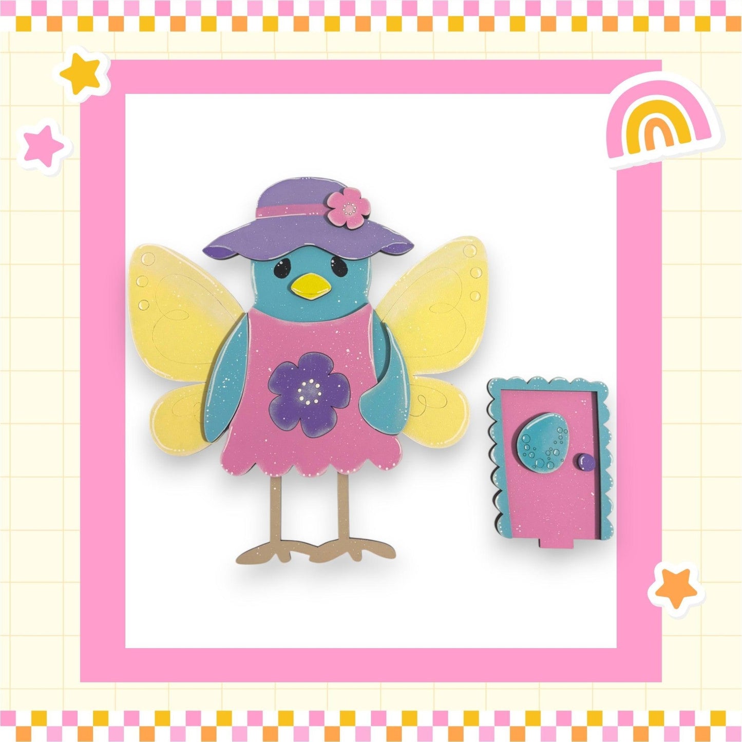 a picture of a bird with a hat and dress
