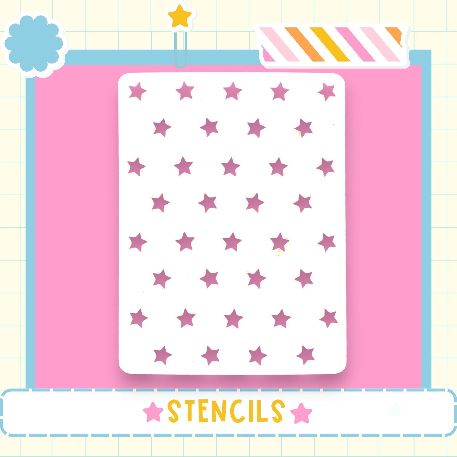 a white stencil with a pattern of pink stars on a pink background.
