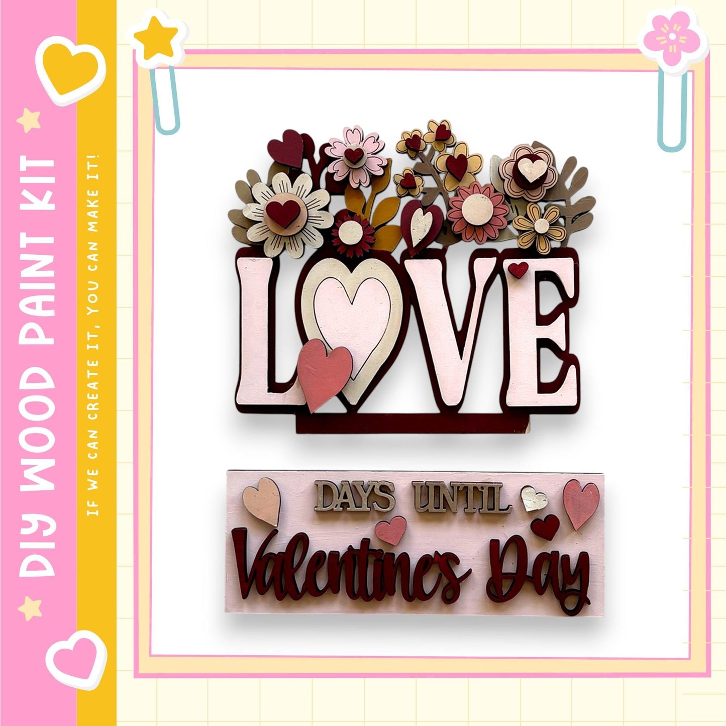 The image is a Valentine's Day-themed collage featuring a large wooden sign with the word "LOVE" and the phrase "DAYS UNTIL Valentine's Day" written on it. The sign is surrounded by various heart-shaped decorations and floral elements, creating a festive and romantic atmosphere.