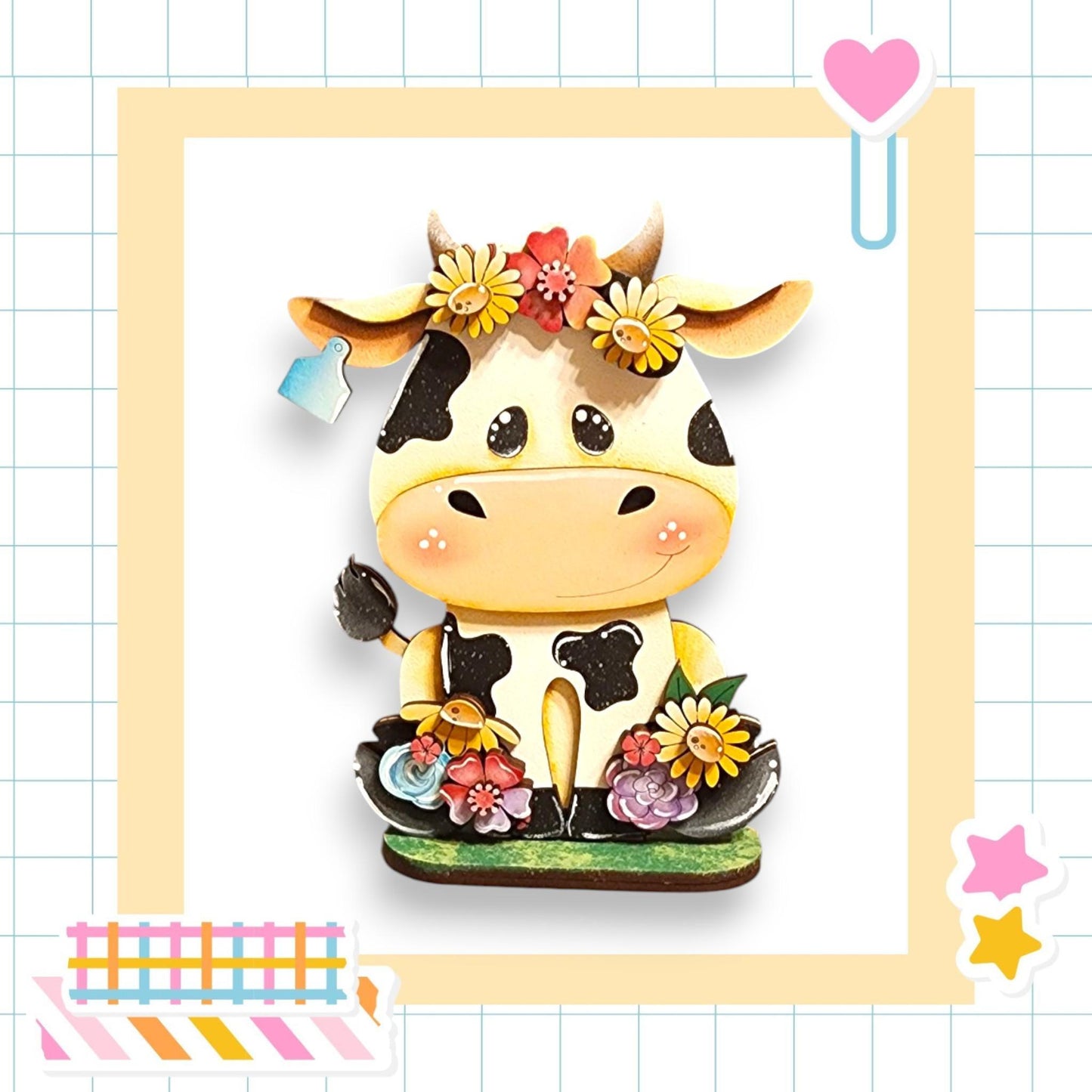 a picture of a cow with flowers on its head