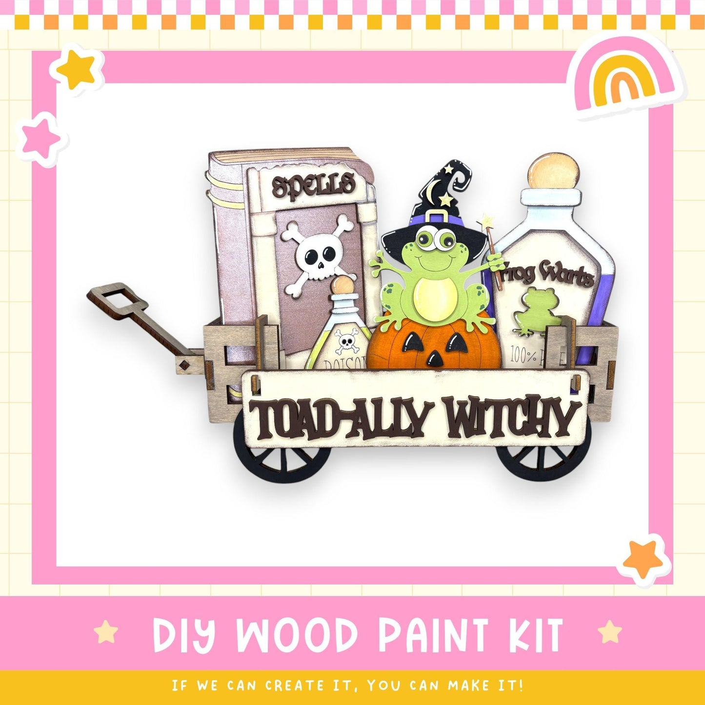 The image is a DIY wood paint kit featuring a wagon filled with Halloween-themed items, including a pumpkin, a witch's hat, and a spell book.