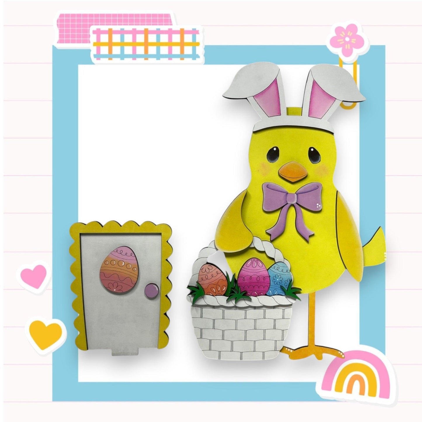 a paper cut out of an easter chick with a basket of eggs