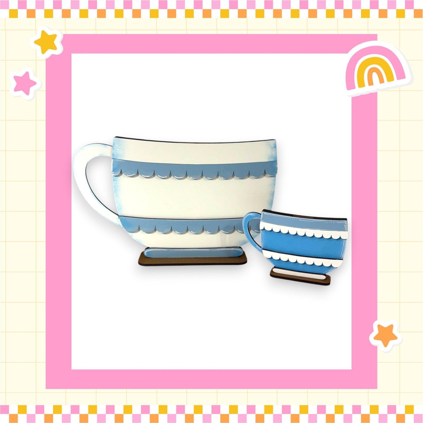 a picture of a cup and saucer with a rainbow in the background