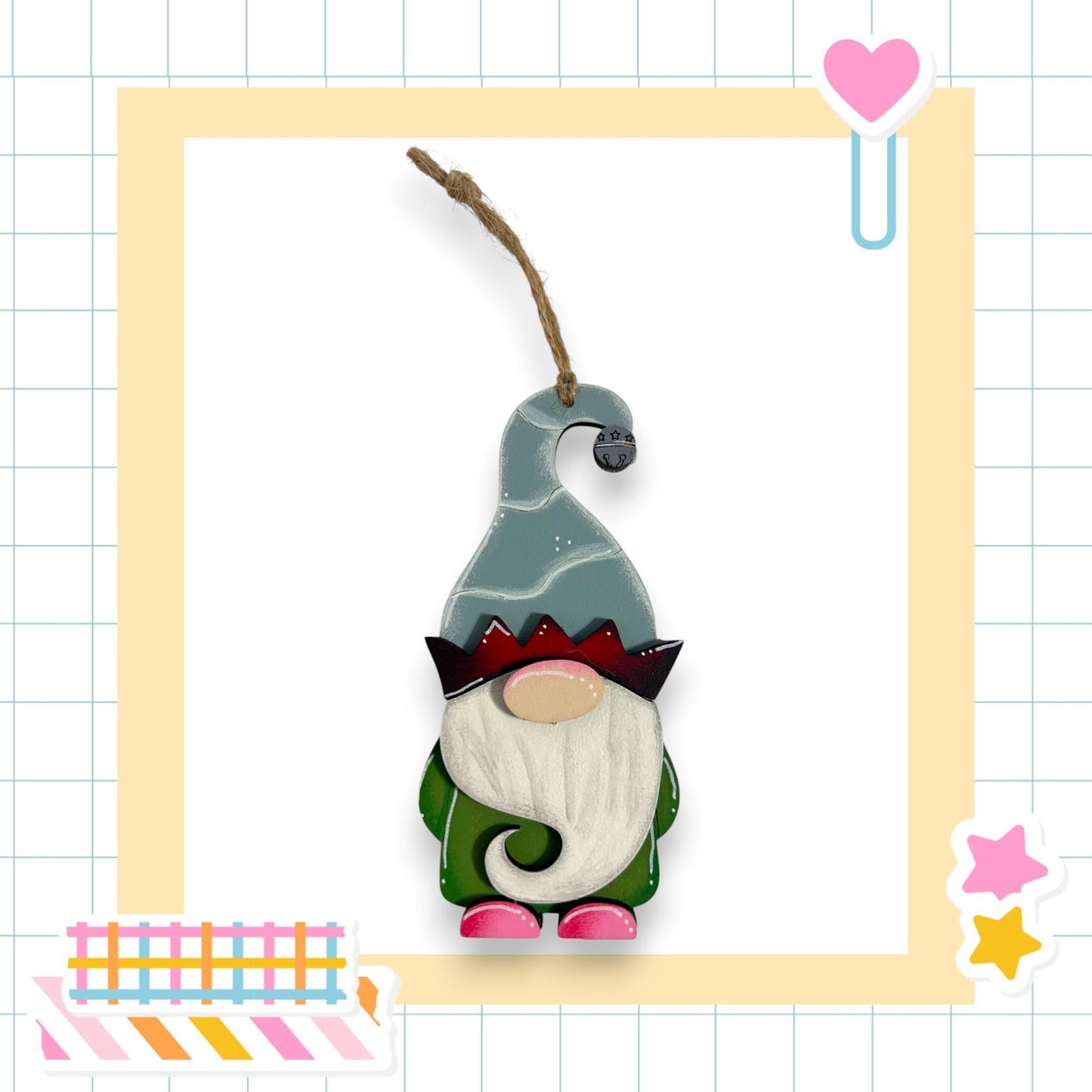 A gnome ornament with a long white beard and a green hat is displayed against a white background.