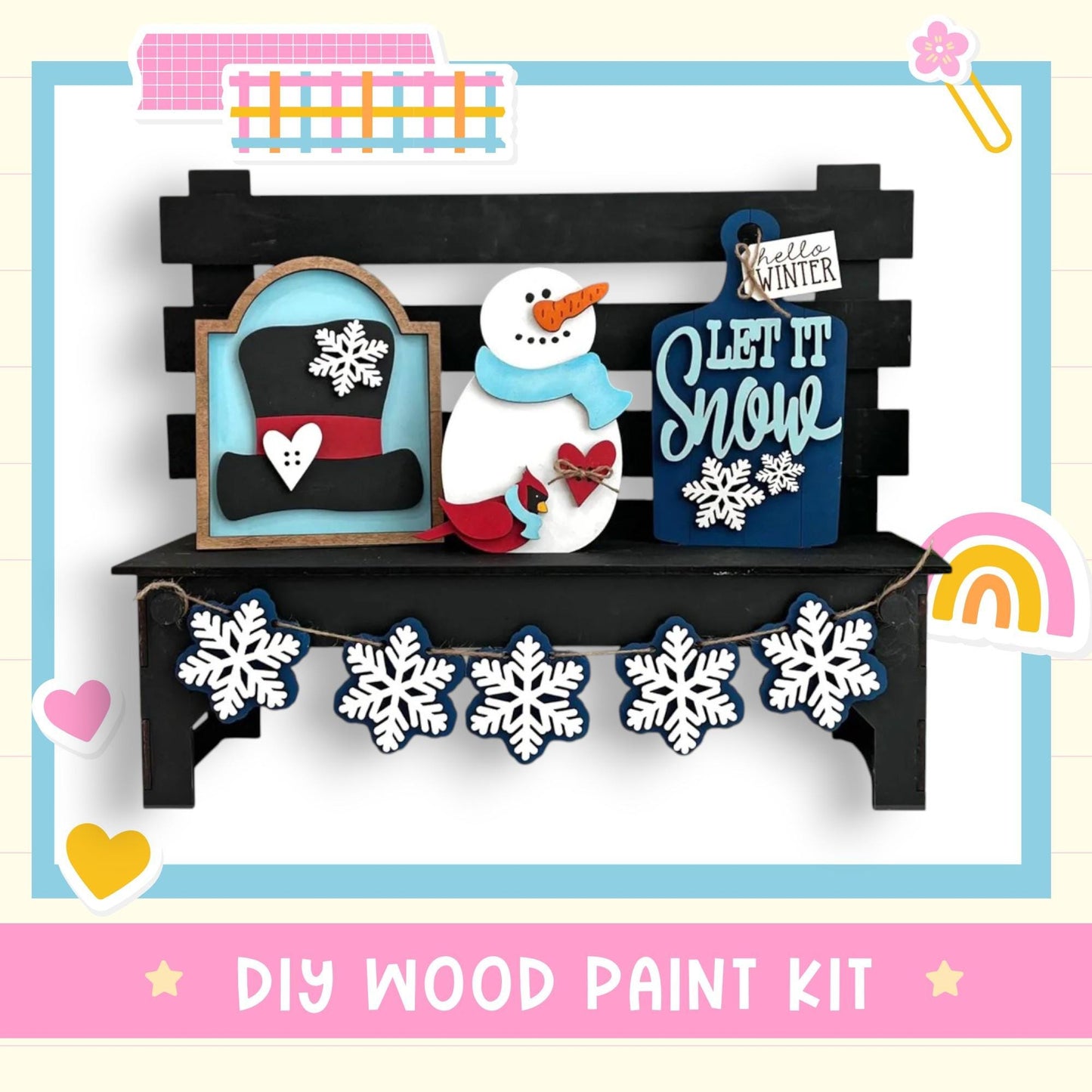 a snowman is sitting on a bench with a snowman decoration