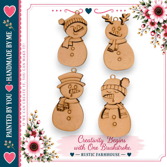 four wooden snowman ornaments with various accessories, including a hat, scarf, antlers, and a carrot nose, arranged in a square layout.