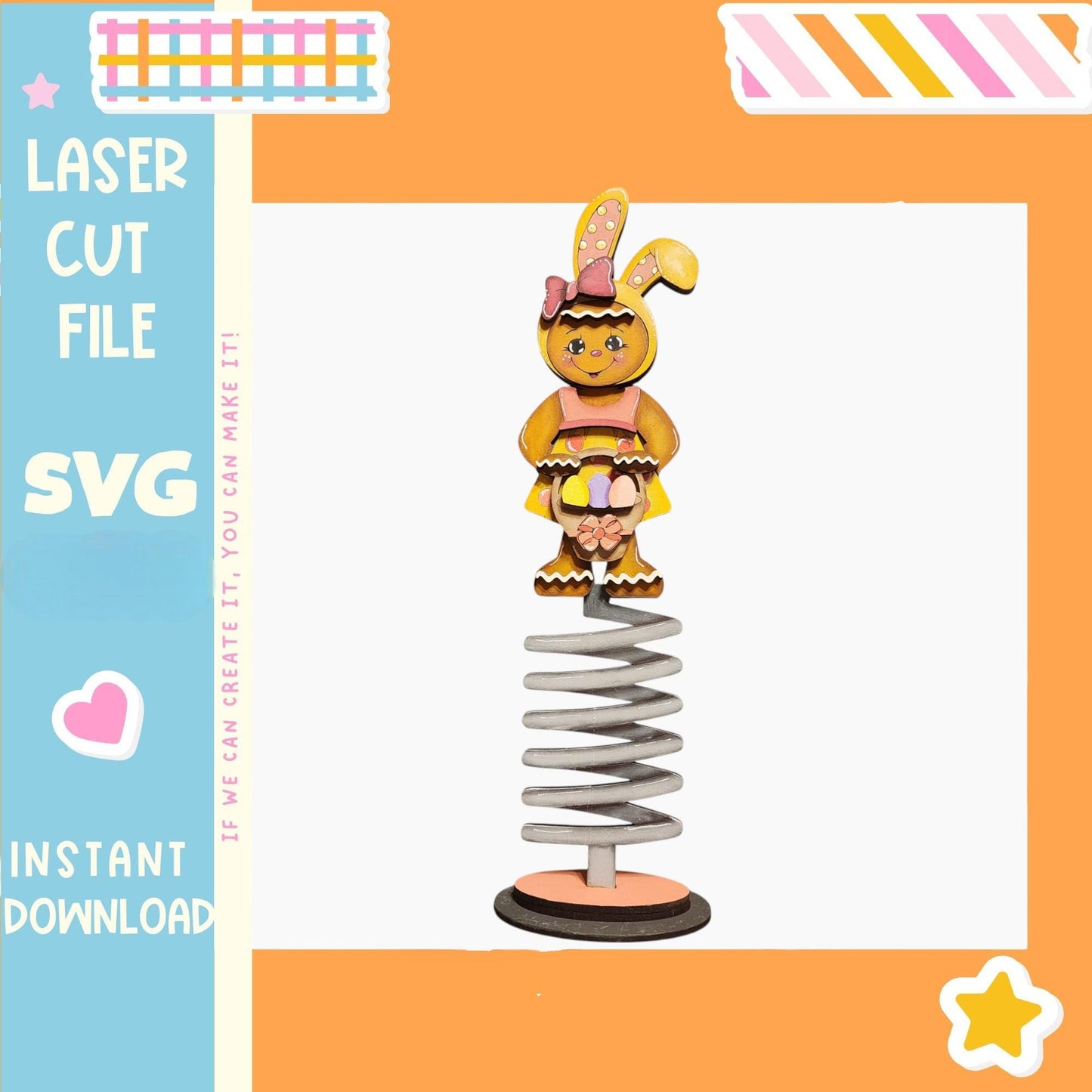 a colorful spring toy with a bunny figure on top of it, set against an orange background.