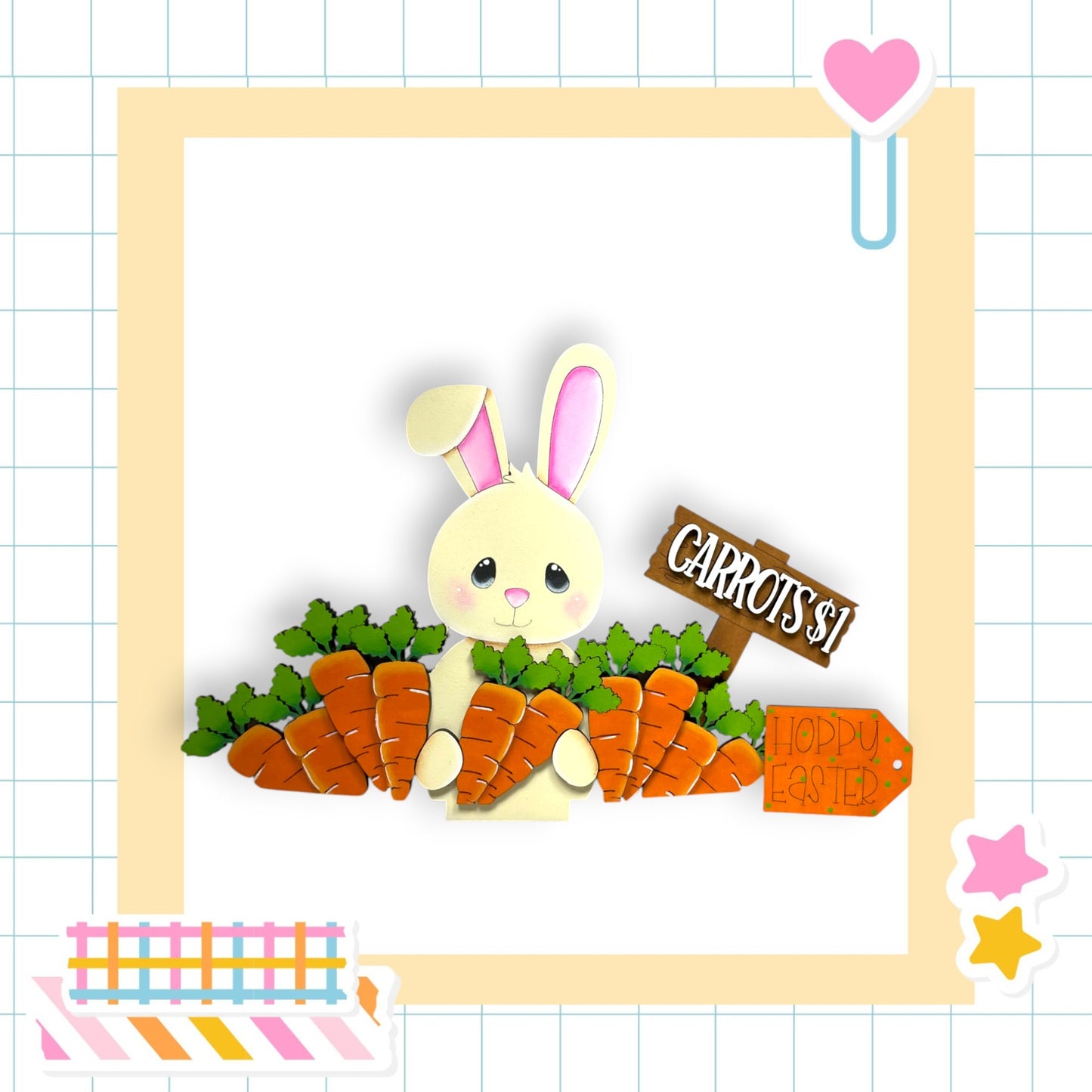 a picture of a rabbit with carrots and a sign