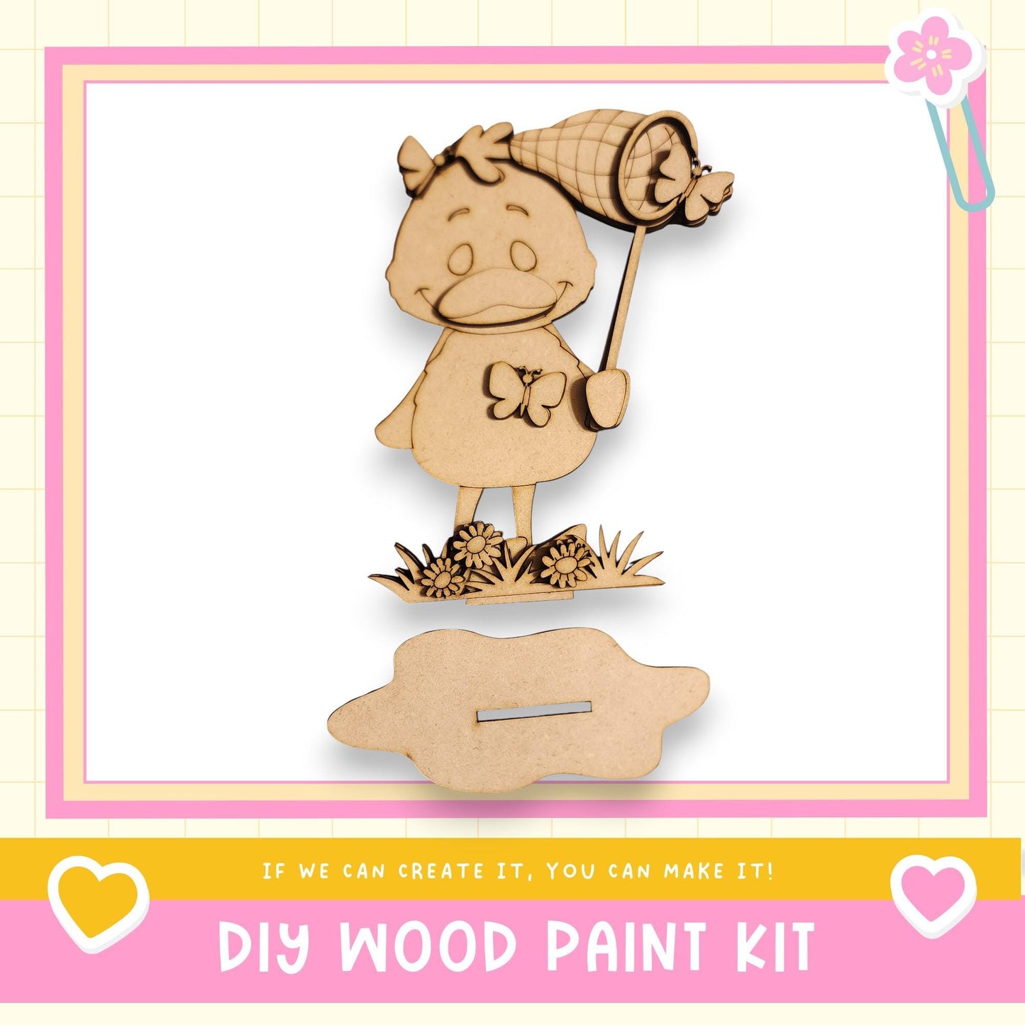 a DIY wood paint kit, with a wooden bird figure holding a net and standing on a grassy area. The kit appears to be made of wood and is designed for creating wooden figures.
