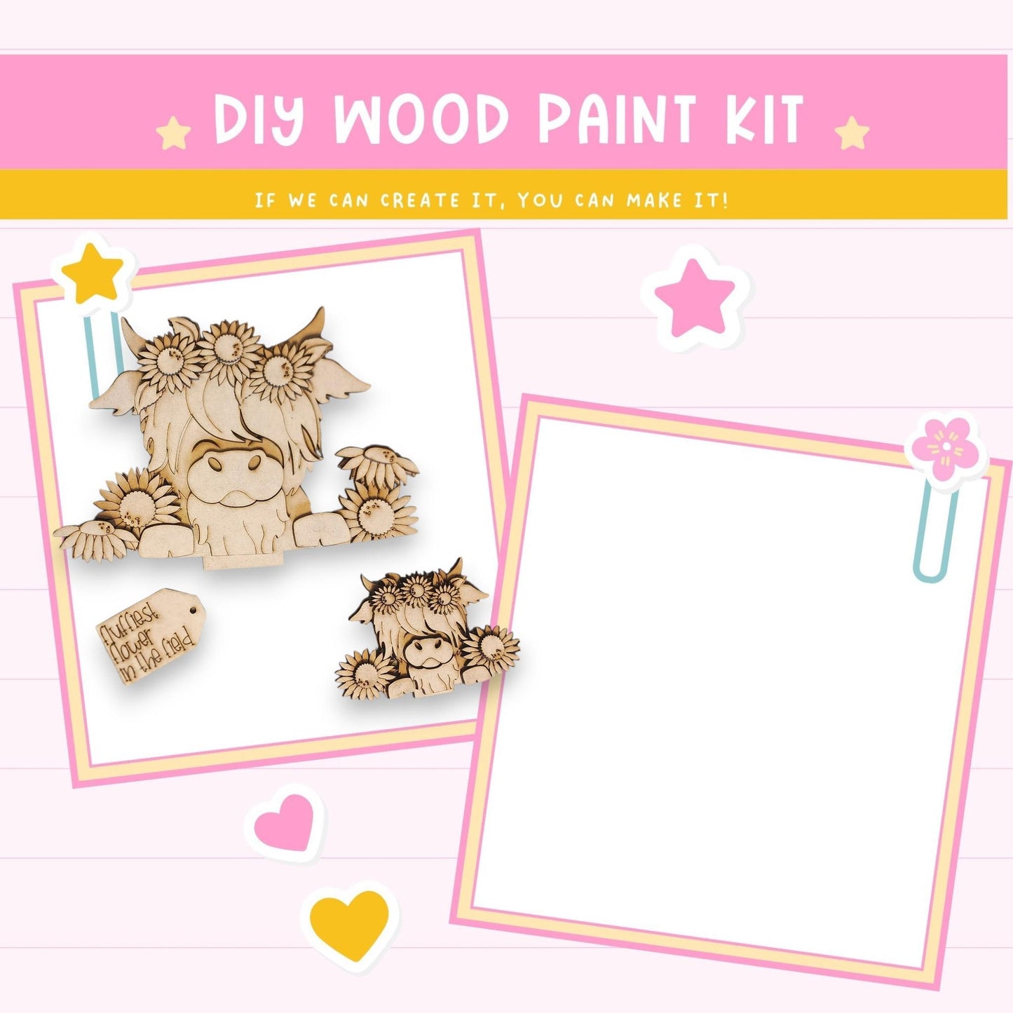 The image is a DIY wood paint kit featuring a wooden cow and a blank frame. The kit appears to be designed for creating wooden toys or decorations, as indicated by the wooden cow and the blank frame.