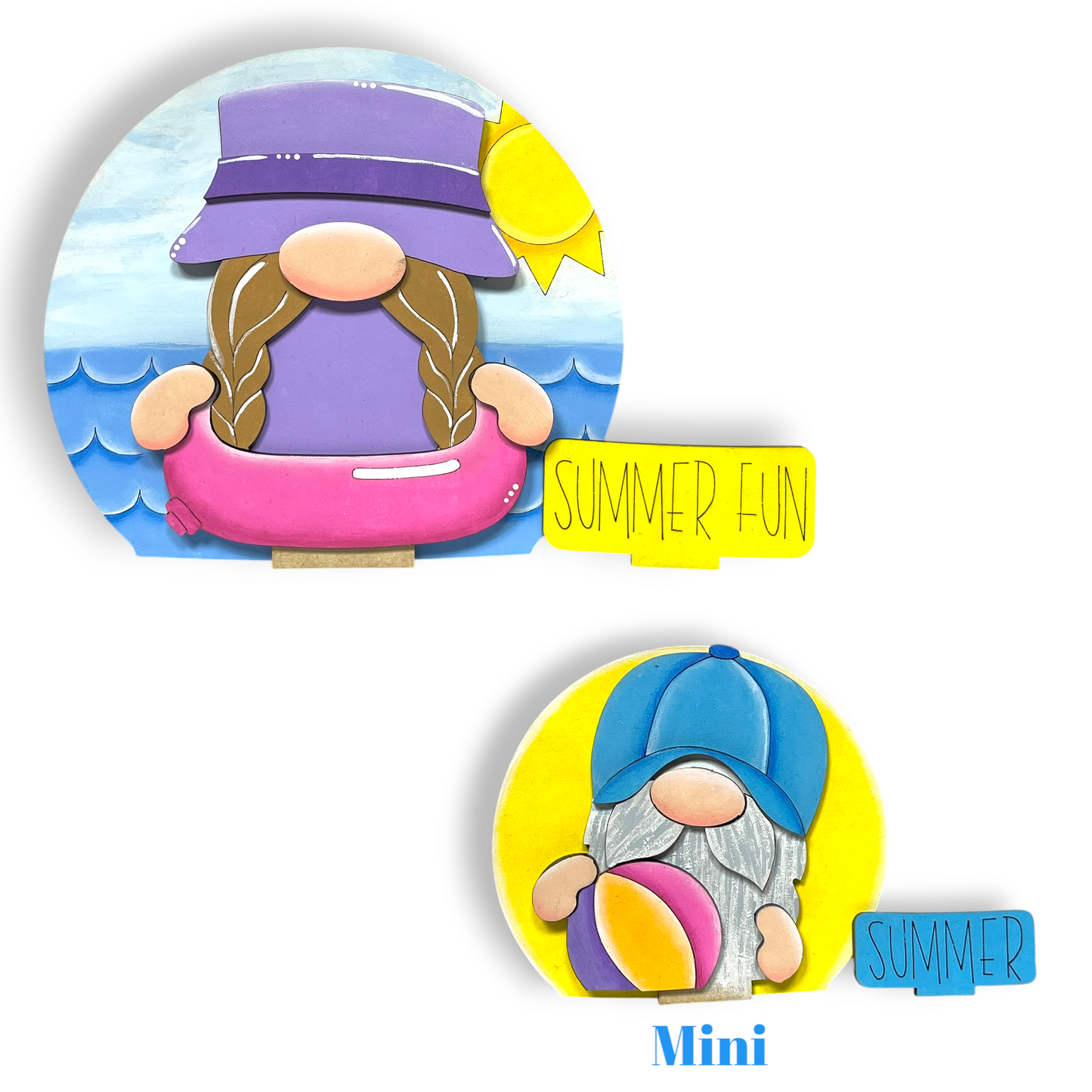 two illustrations of gnomes enjoying summer activities, with one gnome in a pink inflatable raft and the other holding a beach ball.