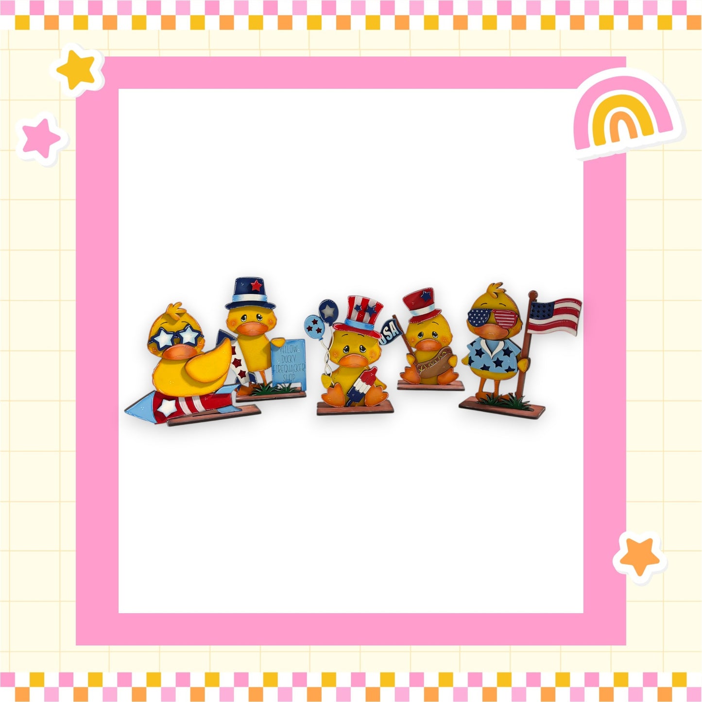 A group of five cartoon ducks wearing patriotic hats, including an American flag, are arranged in a row within a pink and white checkered border.