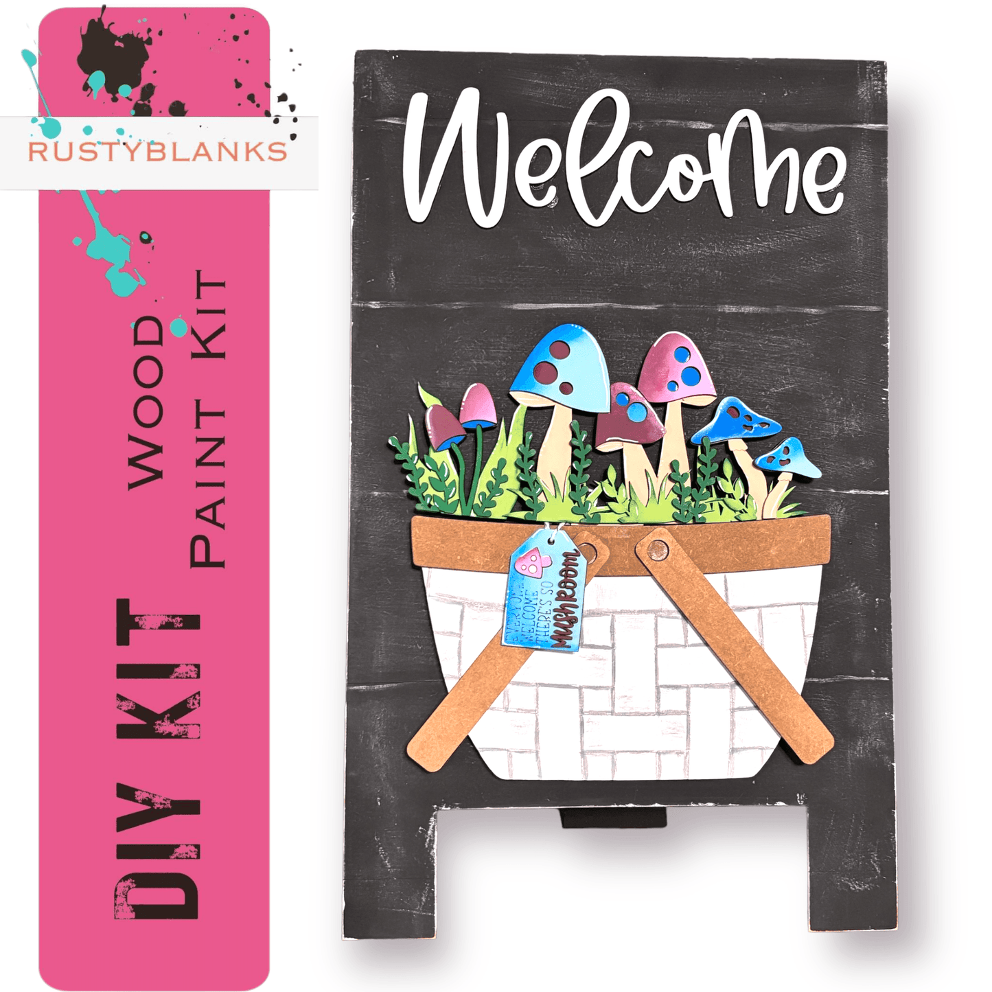 a welcome sign with mushrooms in a pot