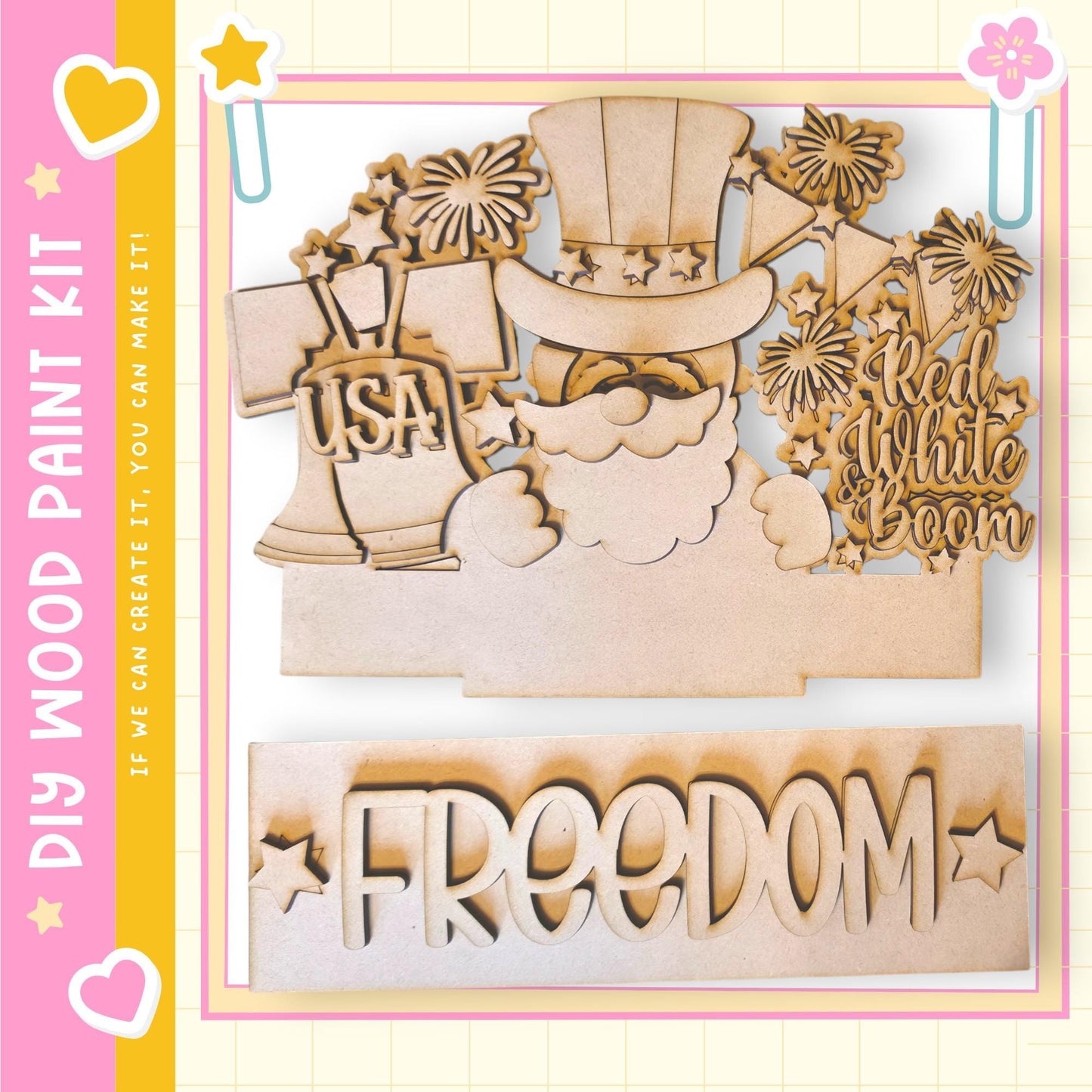 The image is a wooden paint kit featuring a patriotic design with a santa claus, fireworks, and the word "FREEDOM".