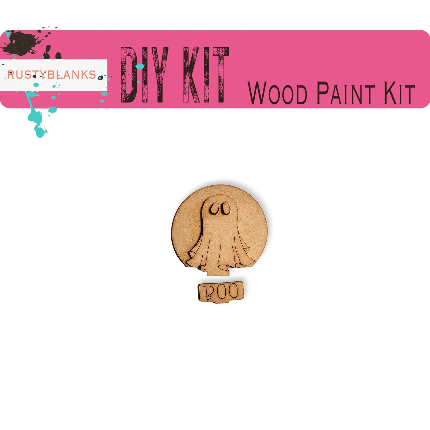 The image is a pink banner with the text "DIY KIT" and "WOOD PAINT KIT" written on it. Below the banner, there is a small wooden ghost-shaped object with the word "ROO" written on it.