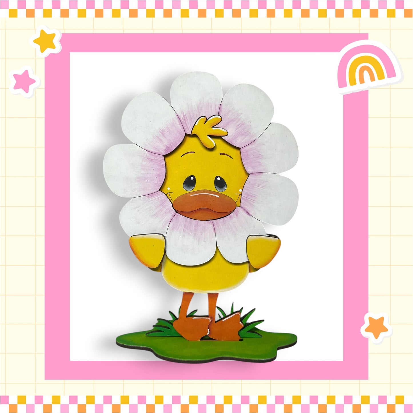 A cartoon duck wearing a flower costume, standing on a green surface with a pink and yellow border.