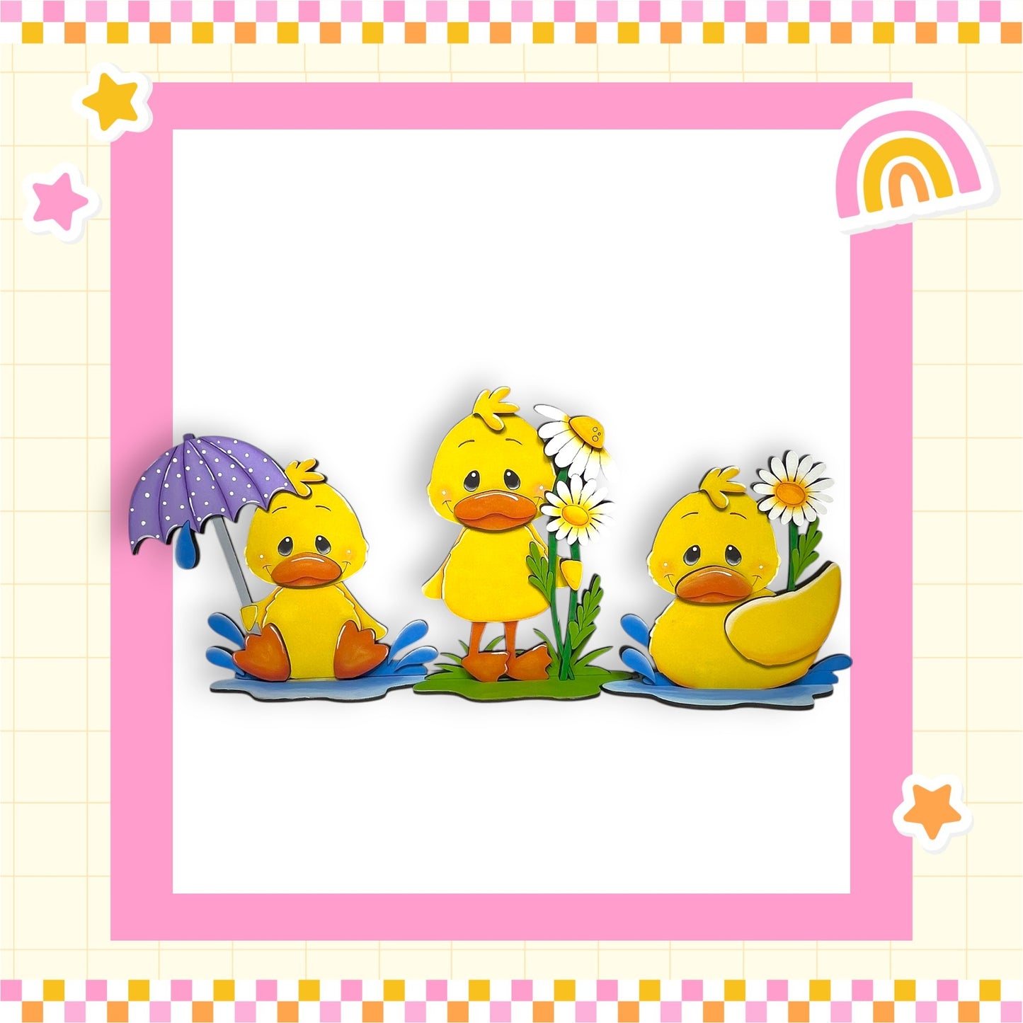 A collage of three cartoon duck illustrations, each holding an umbrella and surrounded by flowers, set against a pink and yellow checkered background.