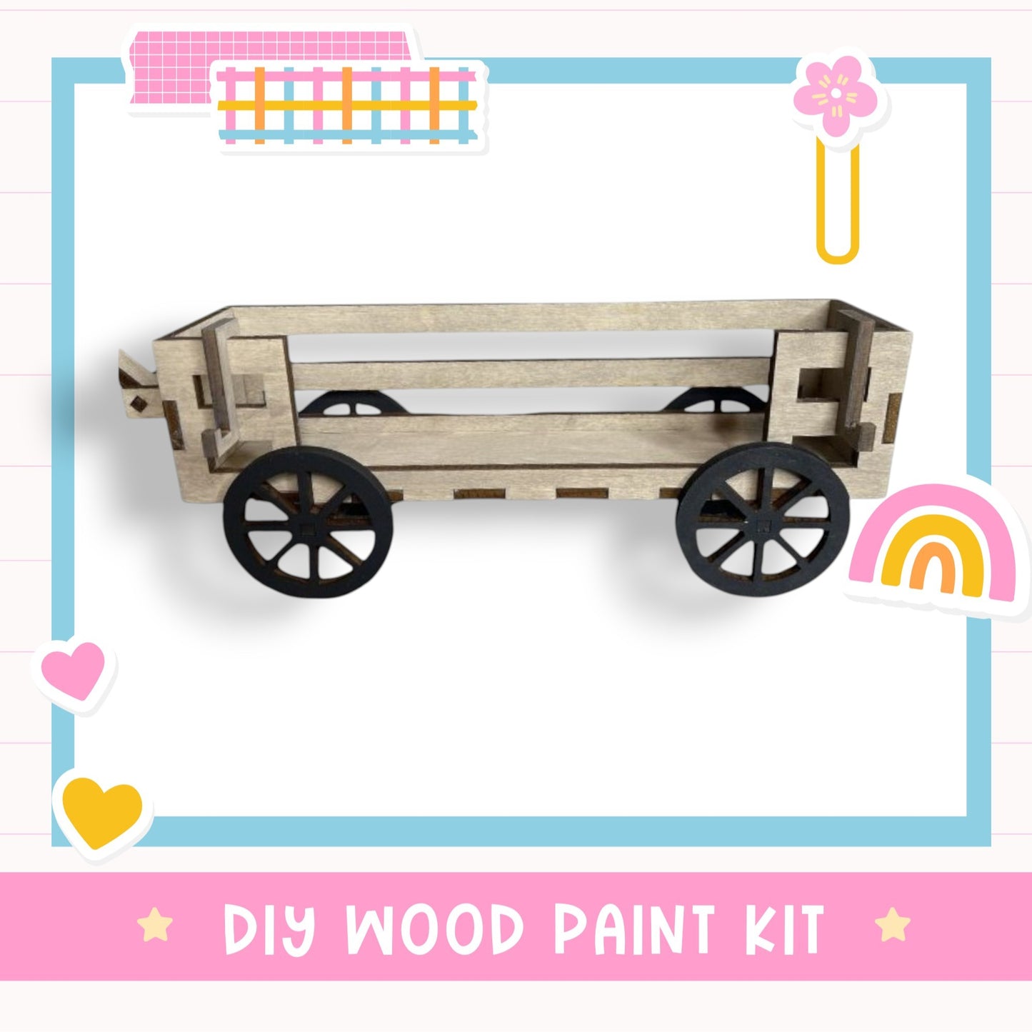 a wooden cart with wheels and a rainbow in the background