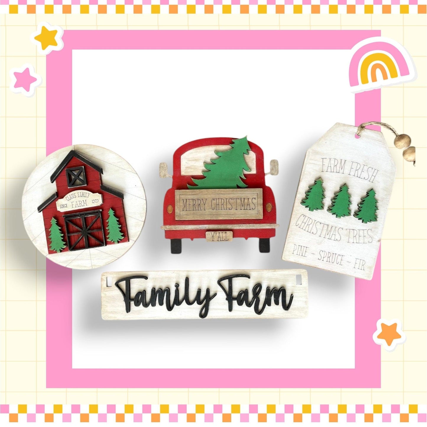 a picture of a family farm with a red truck and a green tree