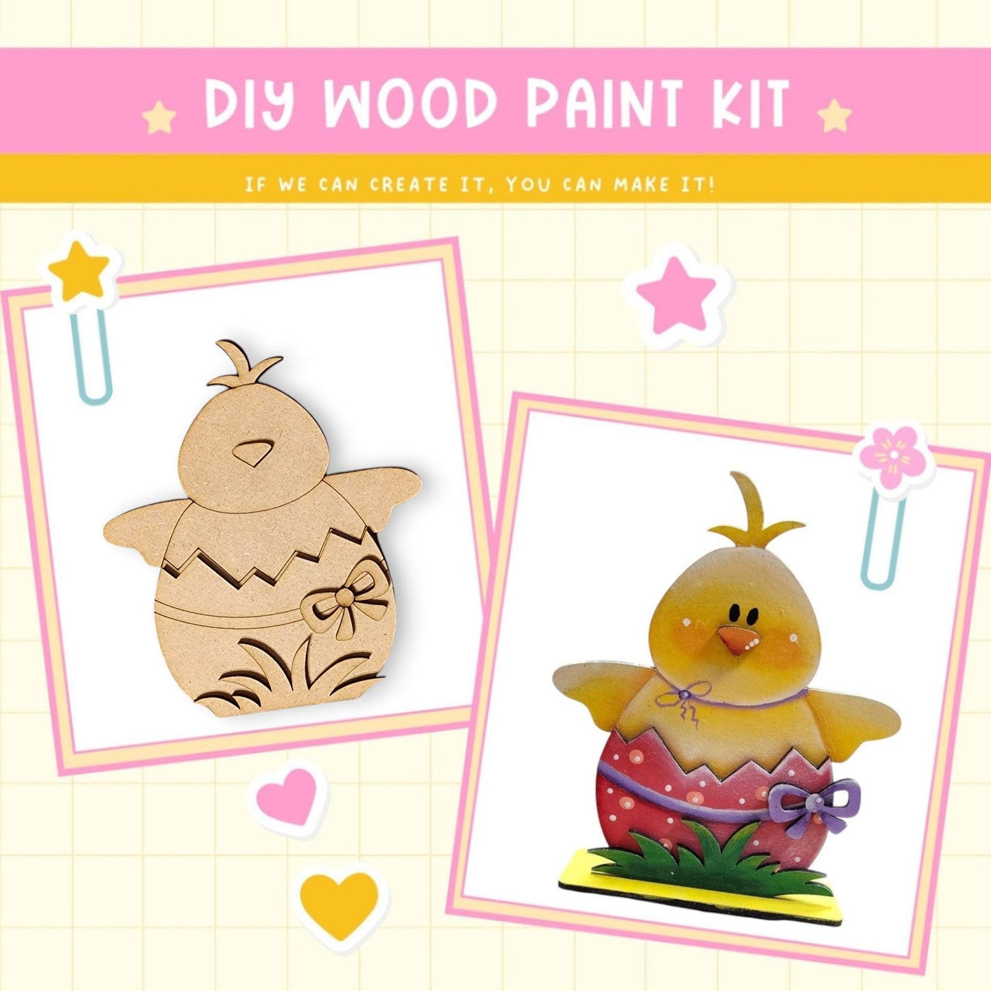 a wooden craft kit with two pictures of a chicken and a chick
