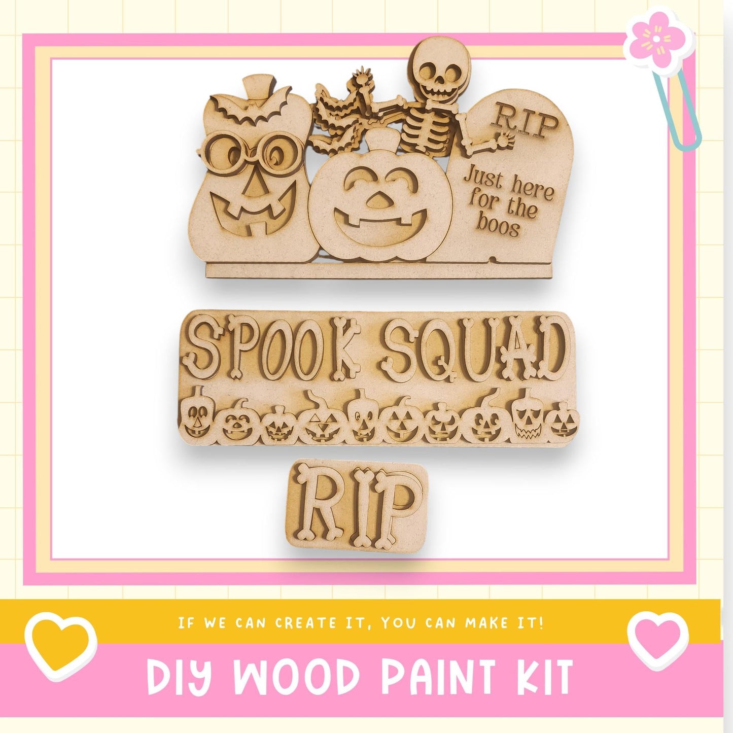 The image is a promotional poster for a DIY wood paint kit, featuring a skeleton, jack-o-lantern, and tombstone decoration.