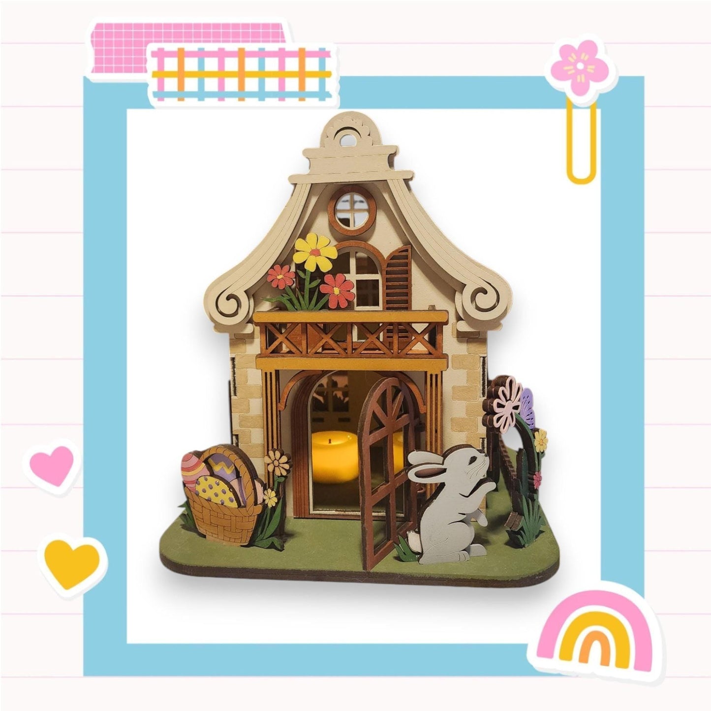 a wooden house with a rabbit inside of it