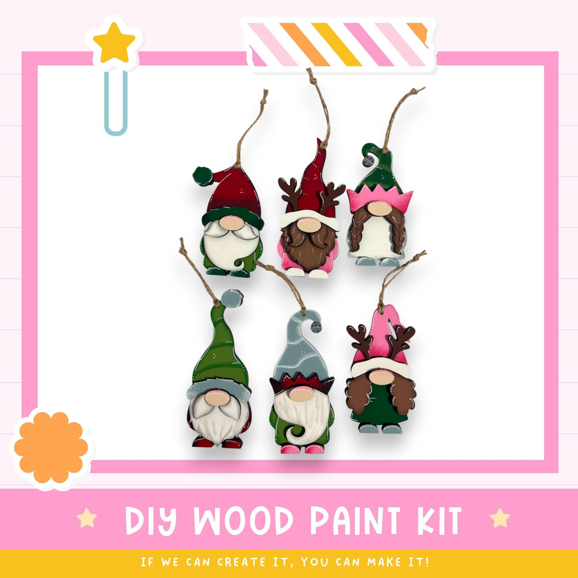 a DIY wood paint kit with six different gnome-like figures hanging from strings, each with unique colors and accessories.